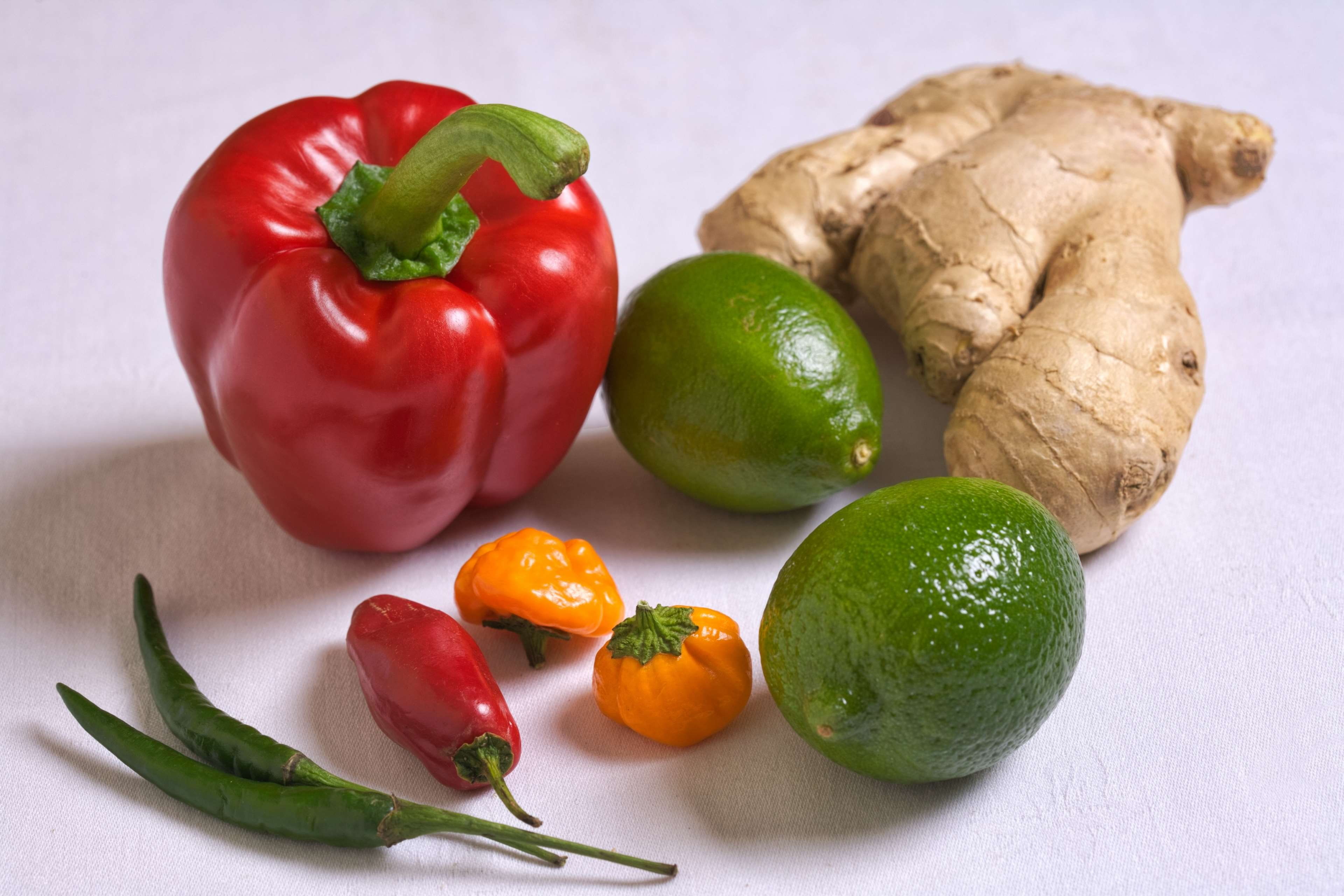 indoors, colorful, bell pepper, tasty, c, ginger, summer, fruit, diet, food and drink, red, spice, nutrition, thai, freshness, fresh, vegetable, still life, HD Wallpaper
