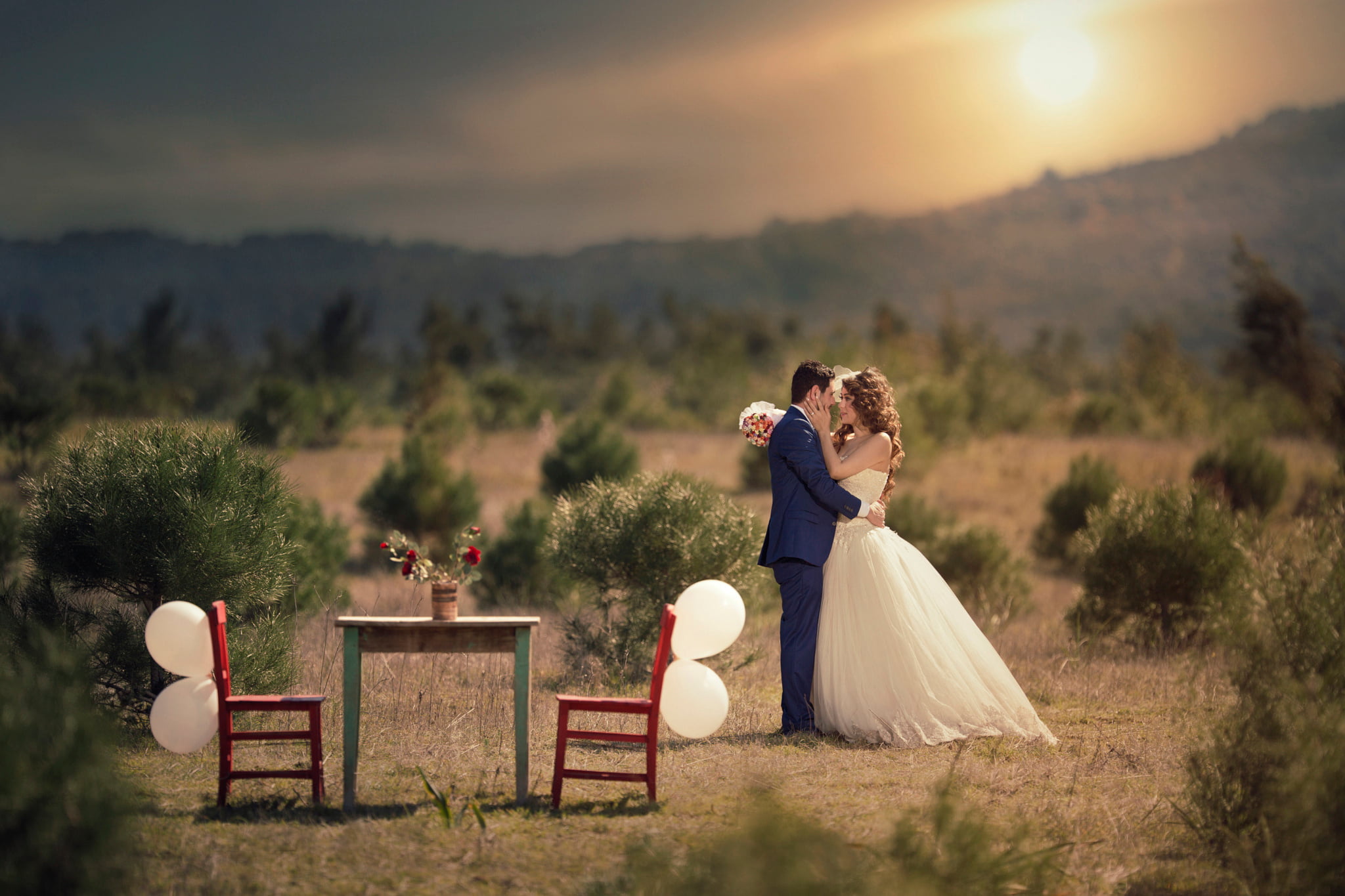 adult, blue, plant, the groom, celebration, chairs, beauty in nature, tree, newlywed, wooden, rectangular, life events, brown, couple - relationship, wedding, HD Wallpaper