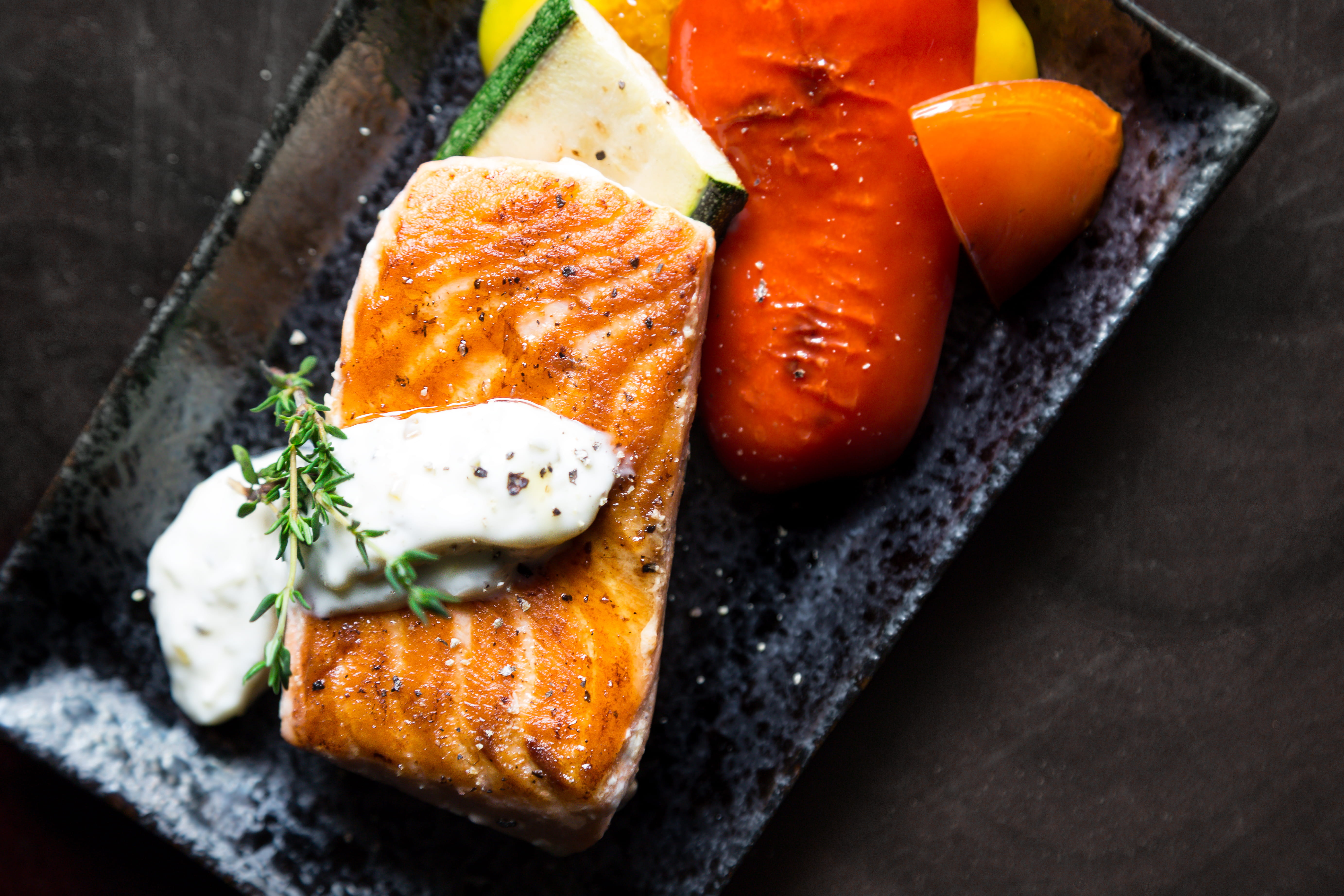 food and drink, high angle view, still life, lunch, herb, cuisine, fruit, ceramic, salmon, food photography, freshness, close-up, healthy, no people, mouth-watering, HD Wallpaper