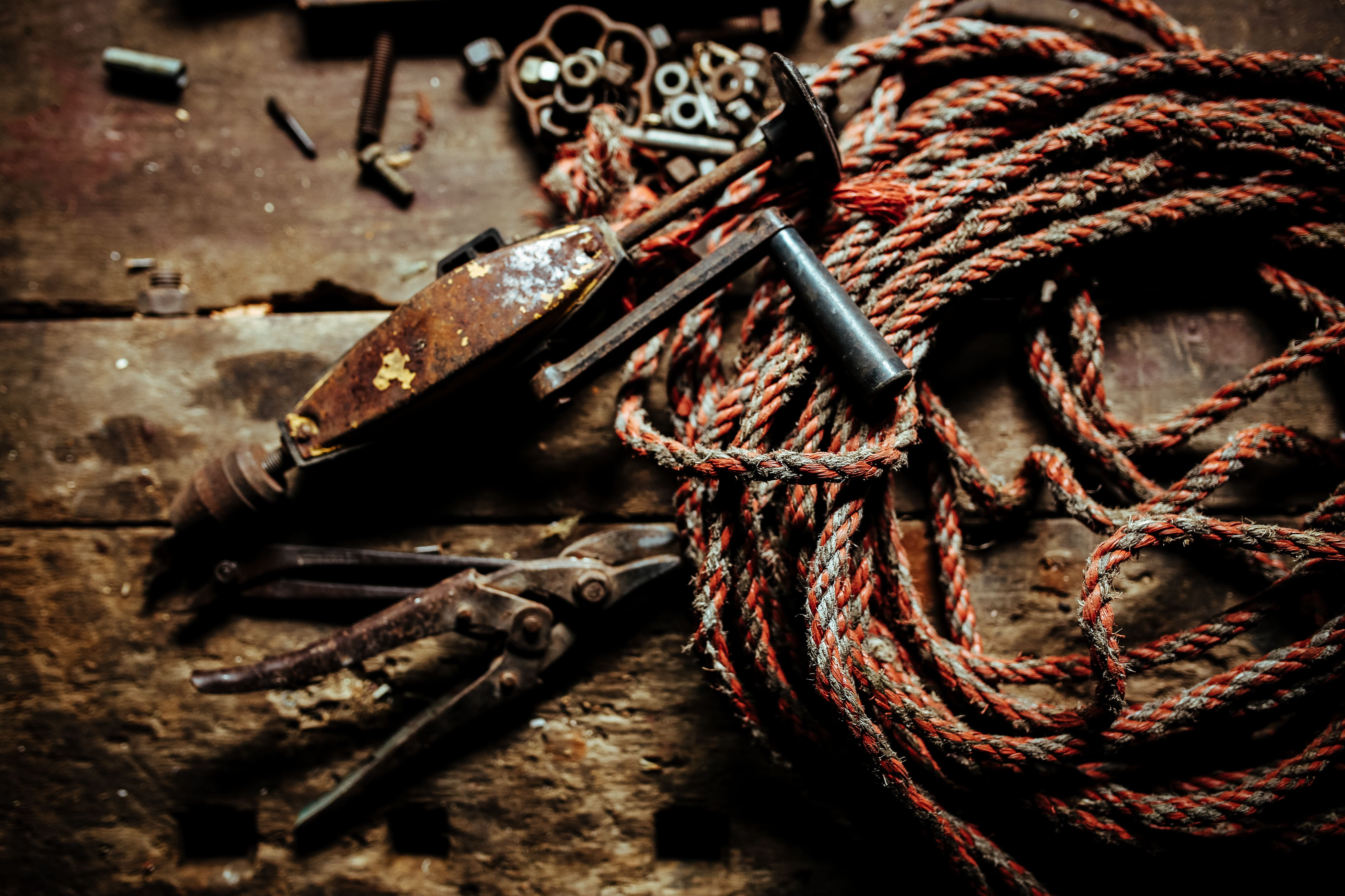 garage, repair, high angle view, 5K, close-up, indoors, rope, nails, abandoned, wooden, diy, nuts, no people, shed, old, food and drink, wood - Material, HD Wallpaper
