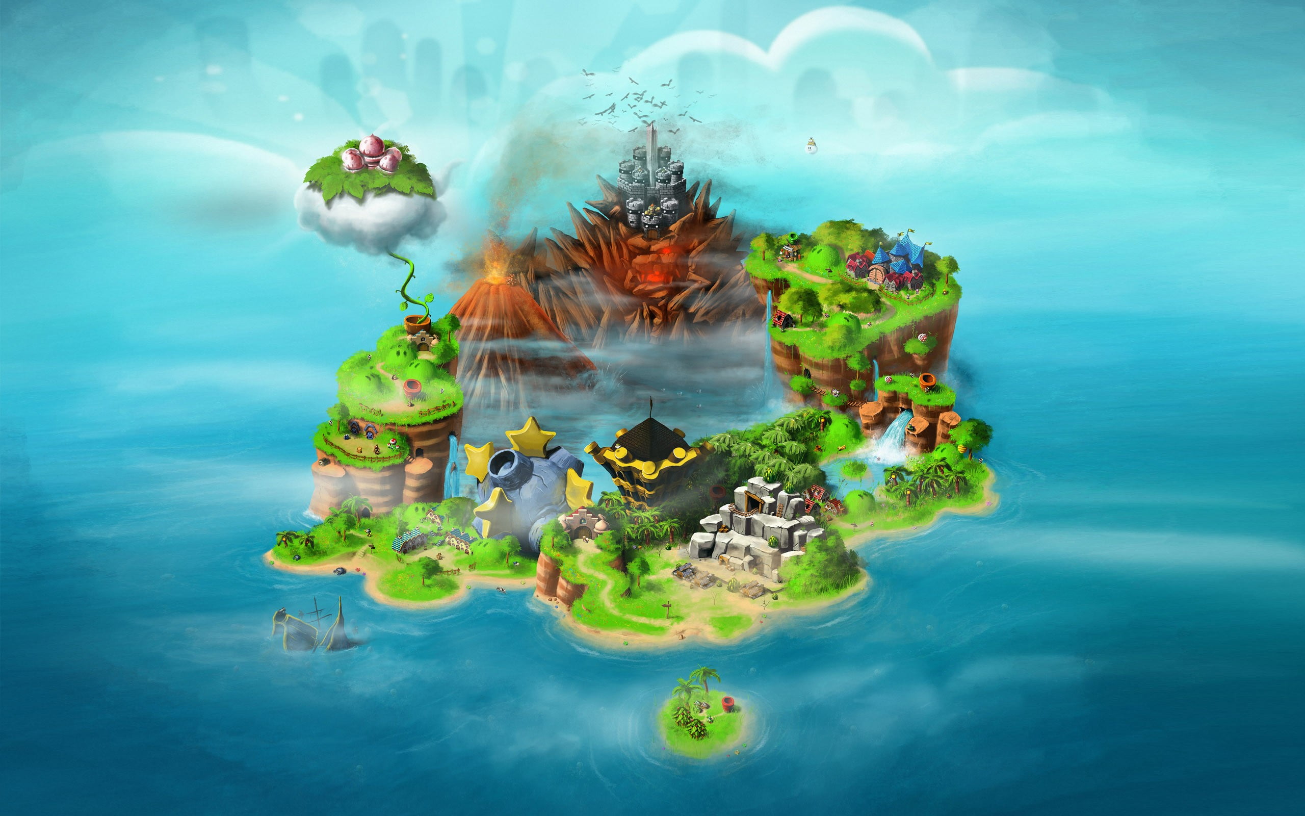 island, cloud - sky, outdoors, digital composite, green, studio shot, animals in the wild, map, colored background, Super Mario RPG, animal themes, plant, HD Wallpaper