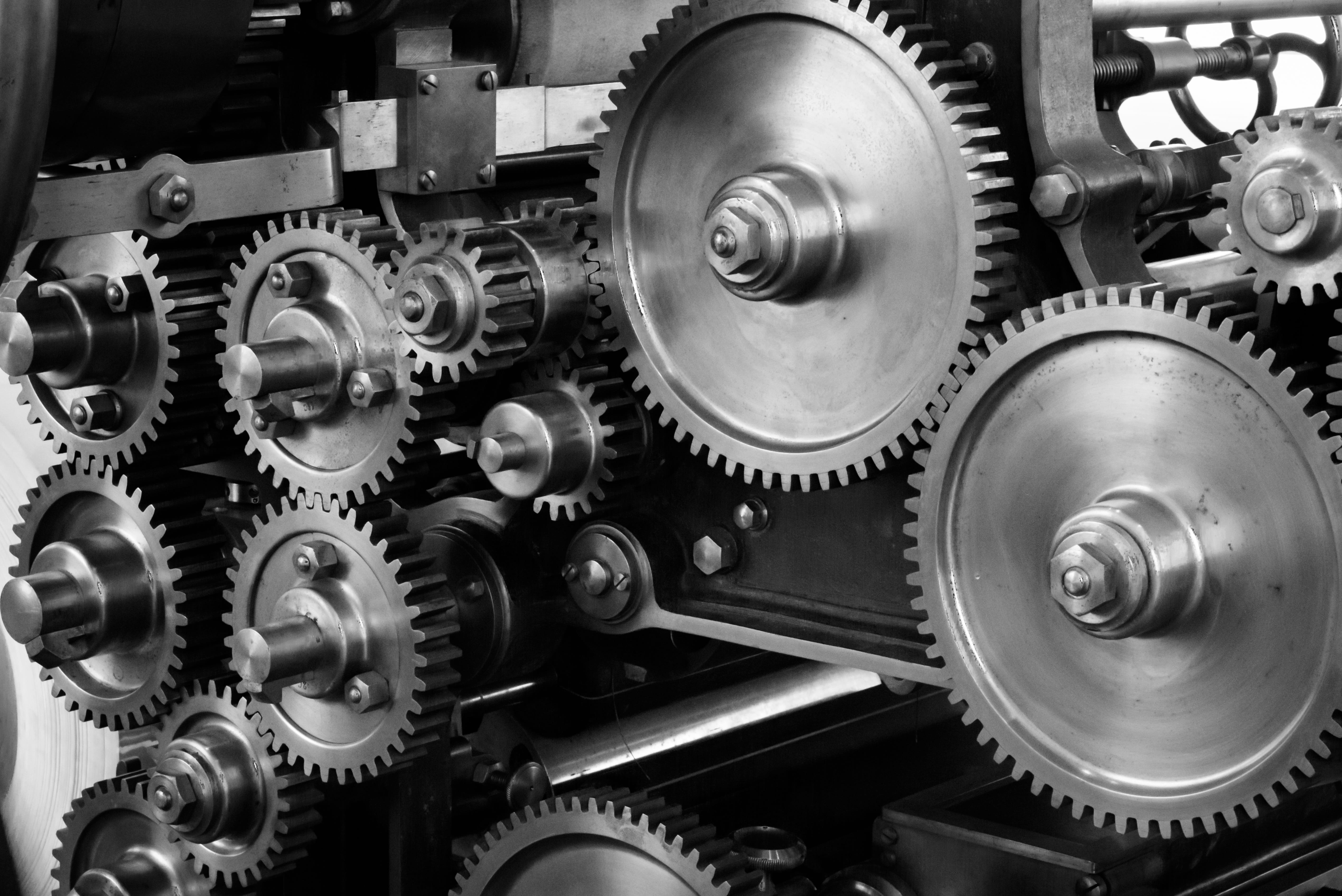 photo, complexity, mechanical, gray, black-and-white, silver colored, transportation, metal, manufacturing equipment, wheel, toothed wheels, technology, HD Wallpaper