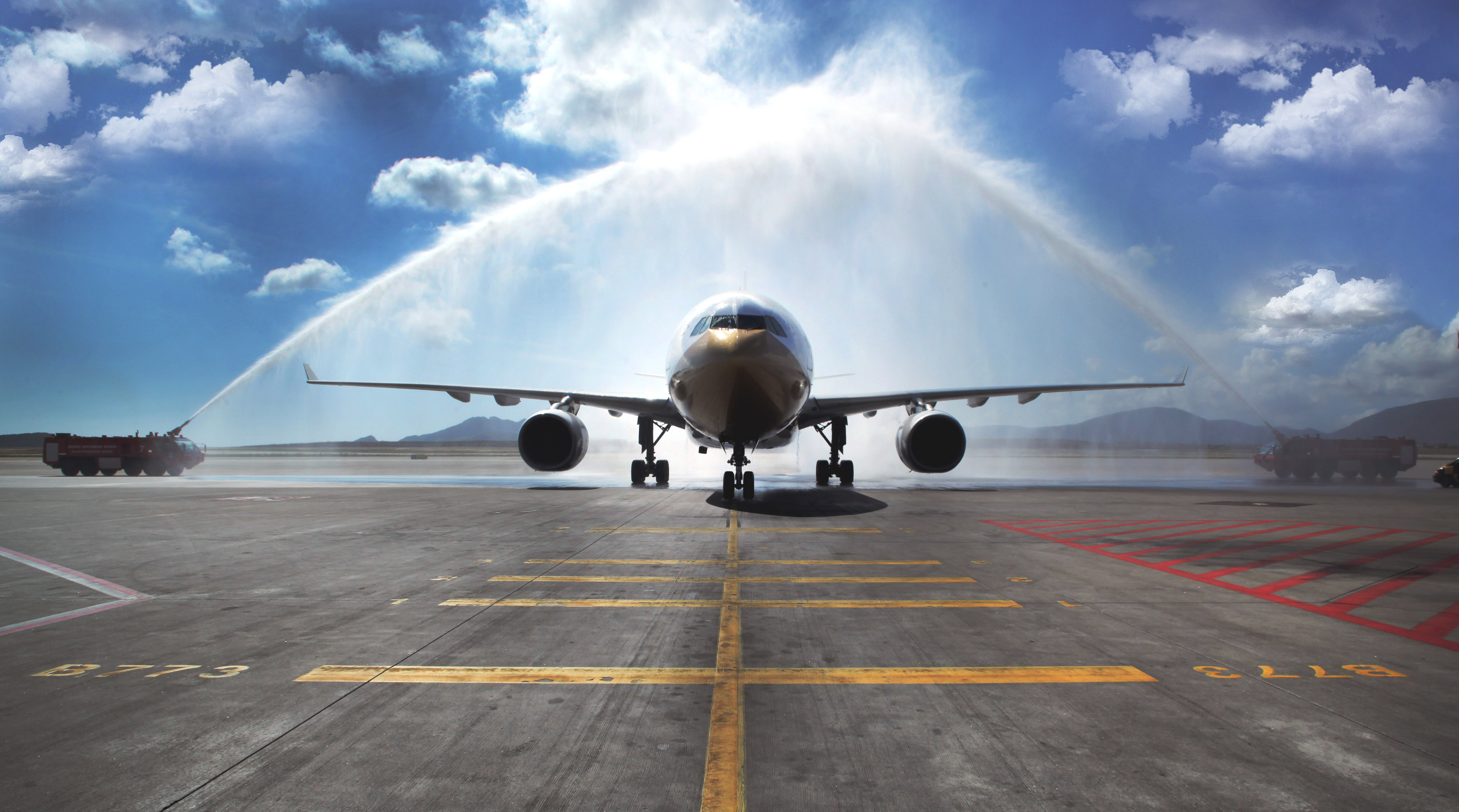 Day, Arch, sunlight, airplane, no people, Passenger, arrival, nature, The plane, aerospace industry, sky, Watering, asphalt, airport runway, cloud - sky, HD Wallpaper