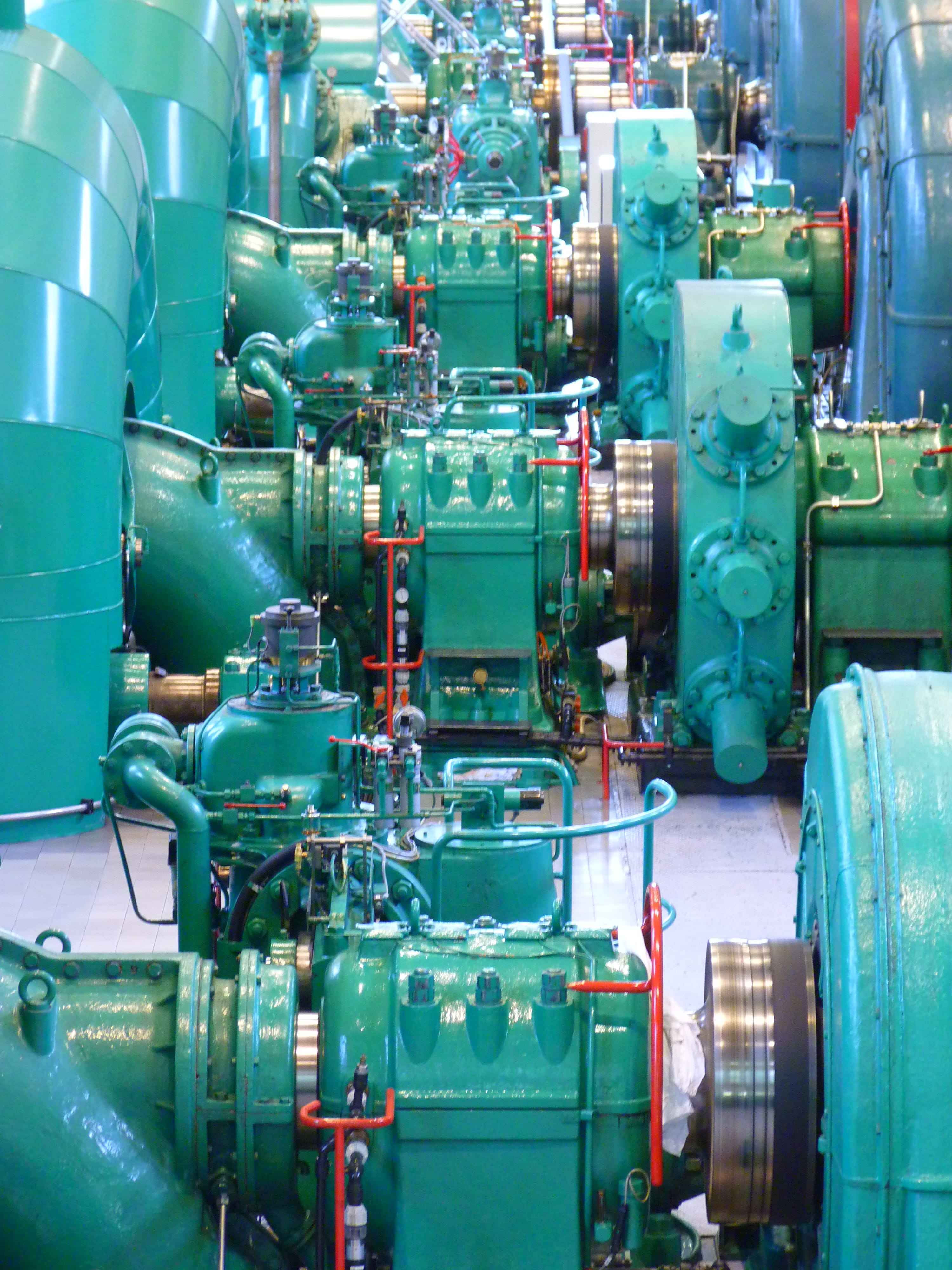 production line, pipeline, Turbines, chemical plant, equipment, manufacturing, turquoise colored, industry, industrial equipment, metal, indoors, 4K, green color, Phone HD Wallpaper