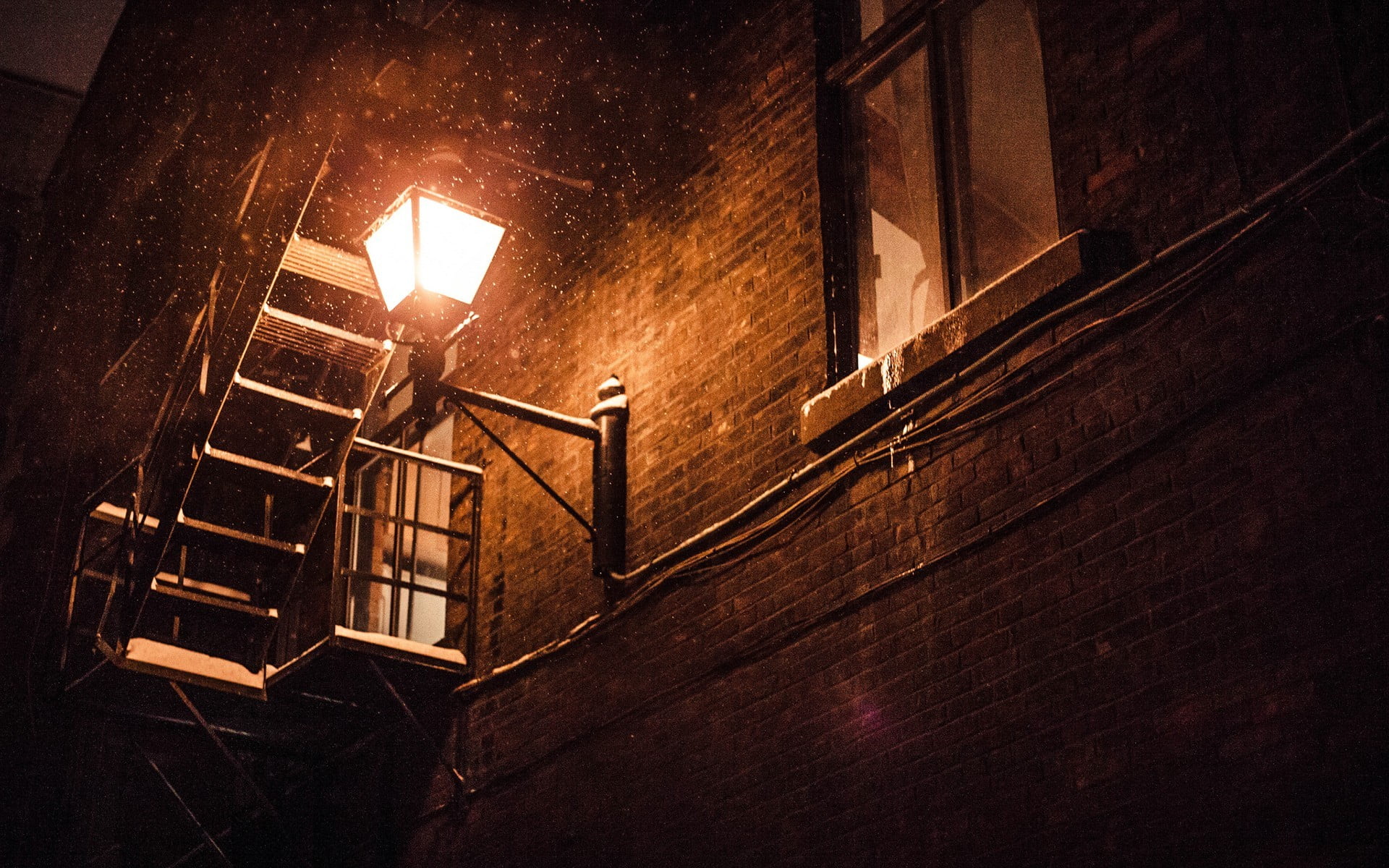 built structure, snow, lighting equipment, framed, lantern, window, railing, wood - material, metal, low angle view, black, wall - building feature, residential district, HD Wallpaper