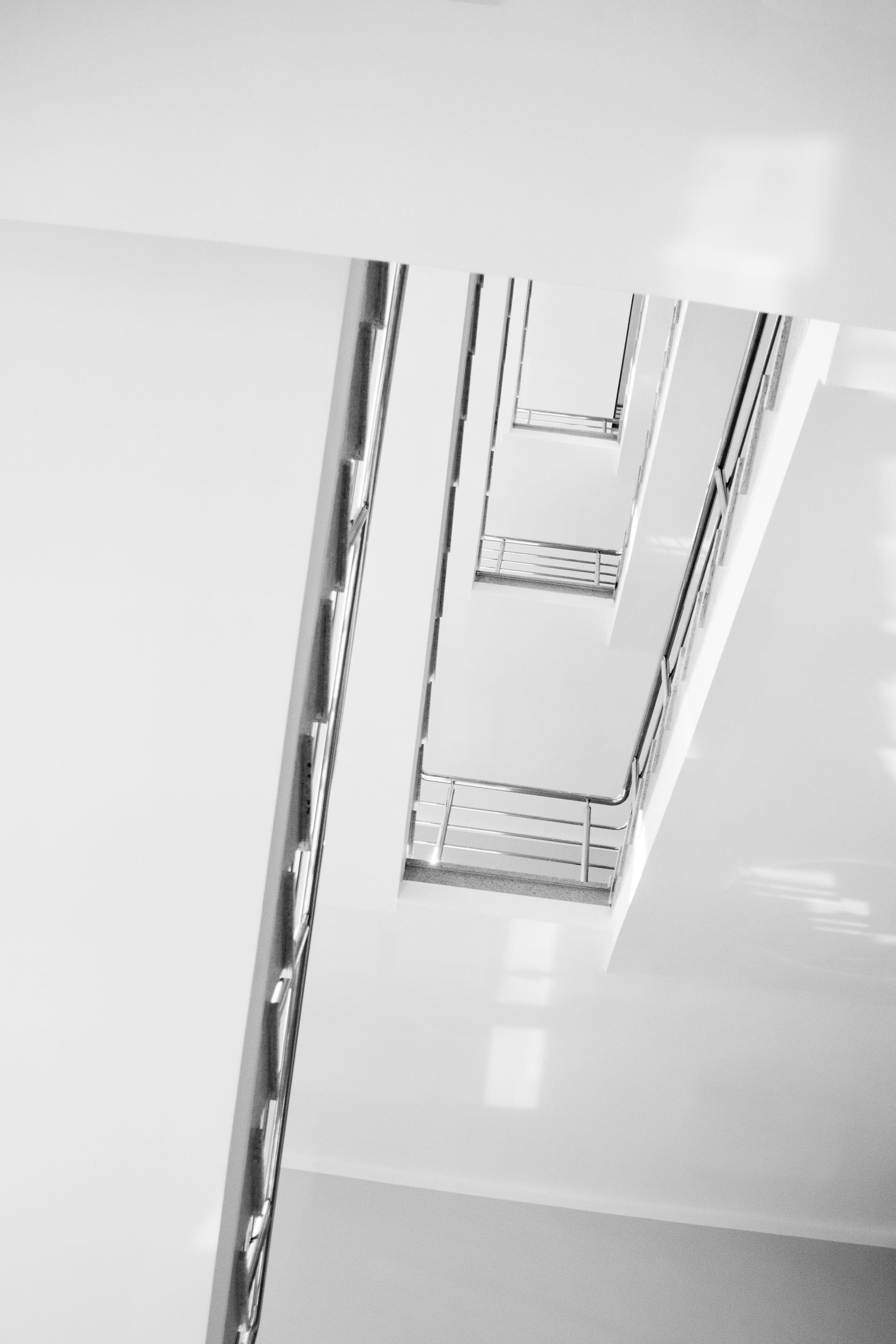 day, indoors, minimalism, white, silver colored, school, clear, steps and staircases, empty, kielce, the university, railing, buildings, high angle view, Phone HD Wallpaper