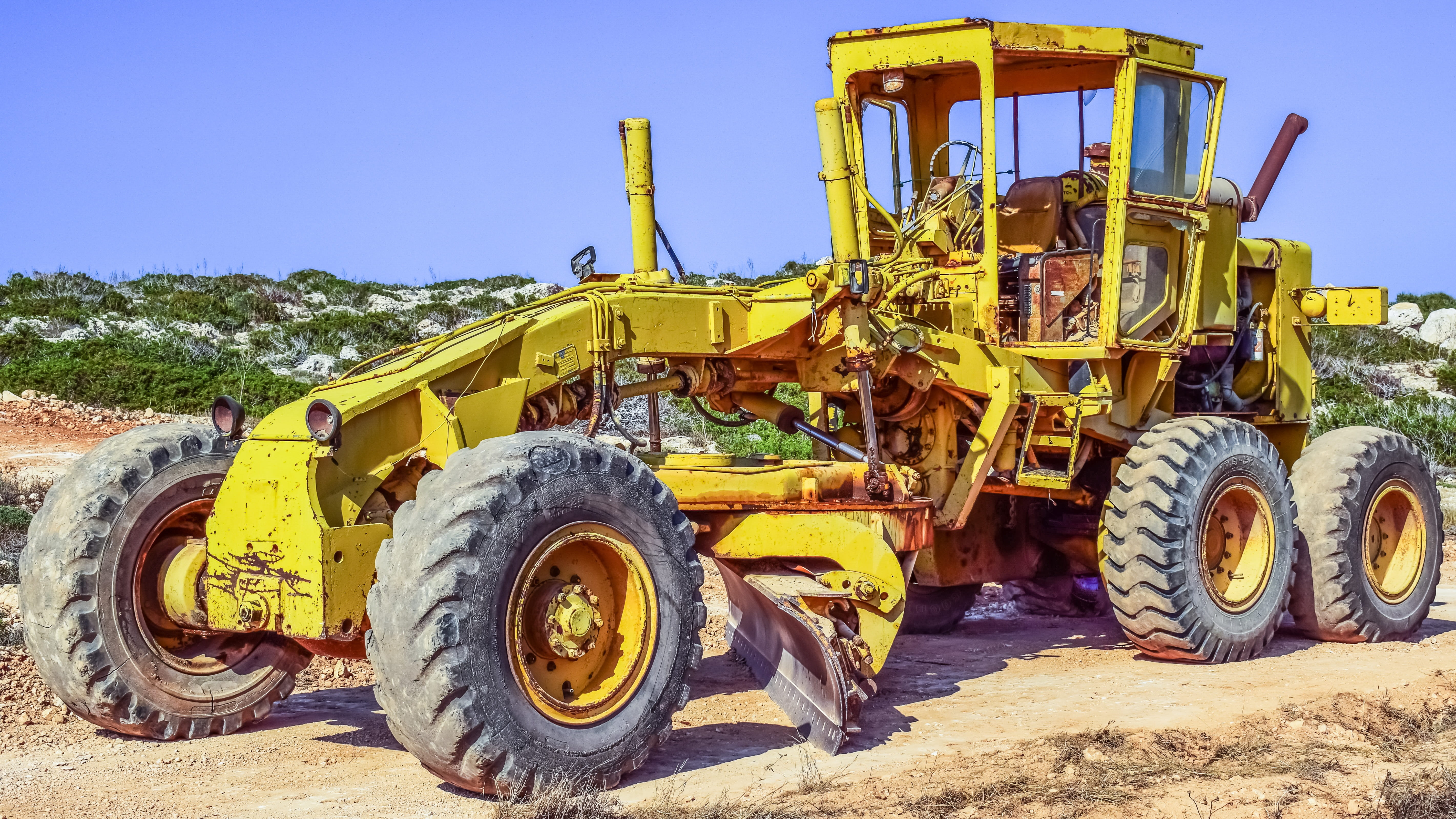 Heavy, digging, Machine, 5K, bulldozer, mode of transportation, working, earth mover, Yellow, day, Vehicle, road, machinery, construction site, transportation, HD Wallpaper