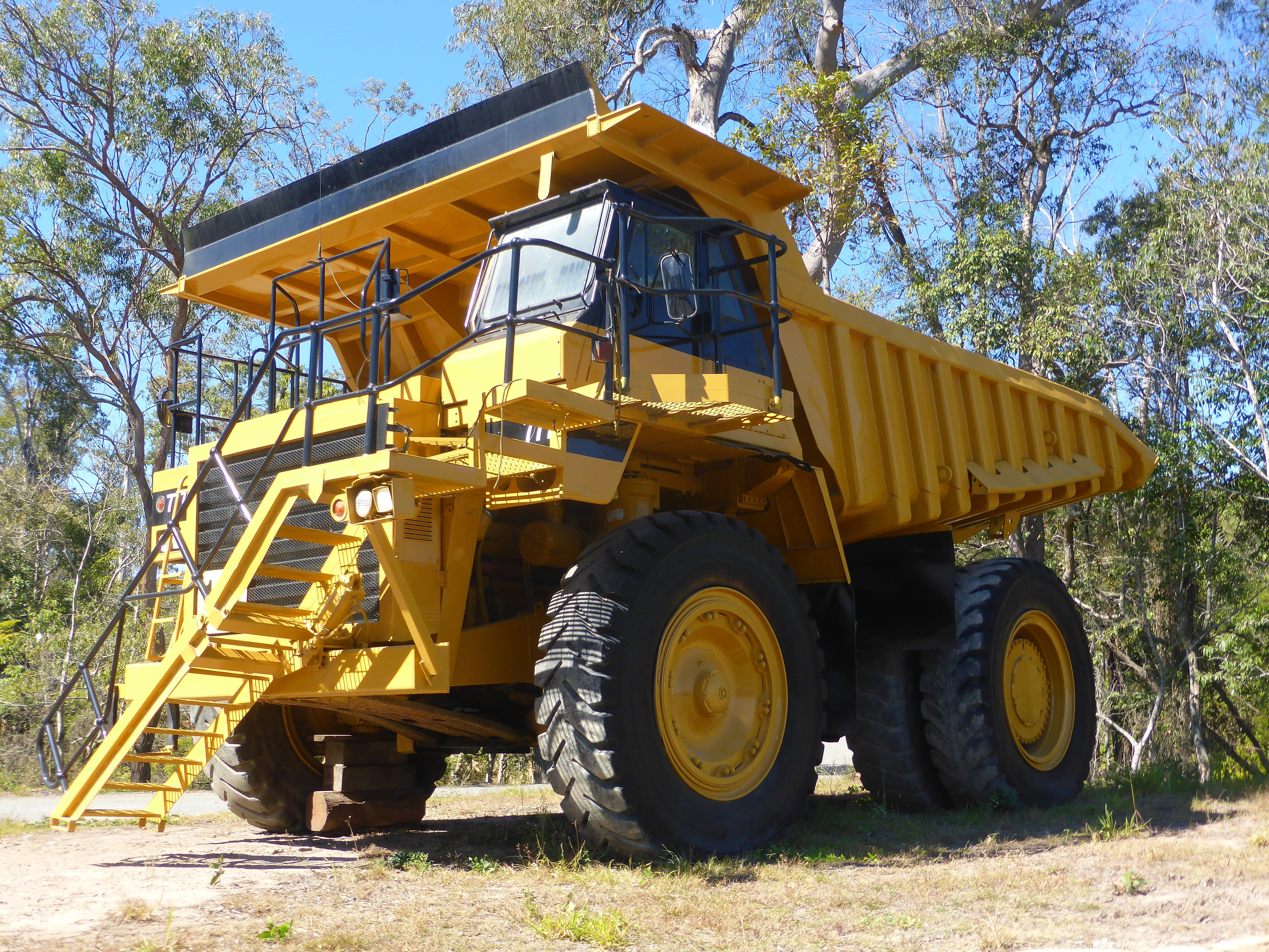 dumper, heavy, big, large, sky, trucking, sunlight, no people, wheel, land vehicle, construction machinery, tipper, road, truck, sunny, nature, outdoors, HD Wallpaper