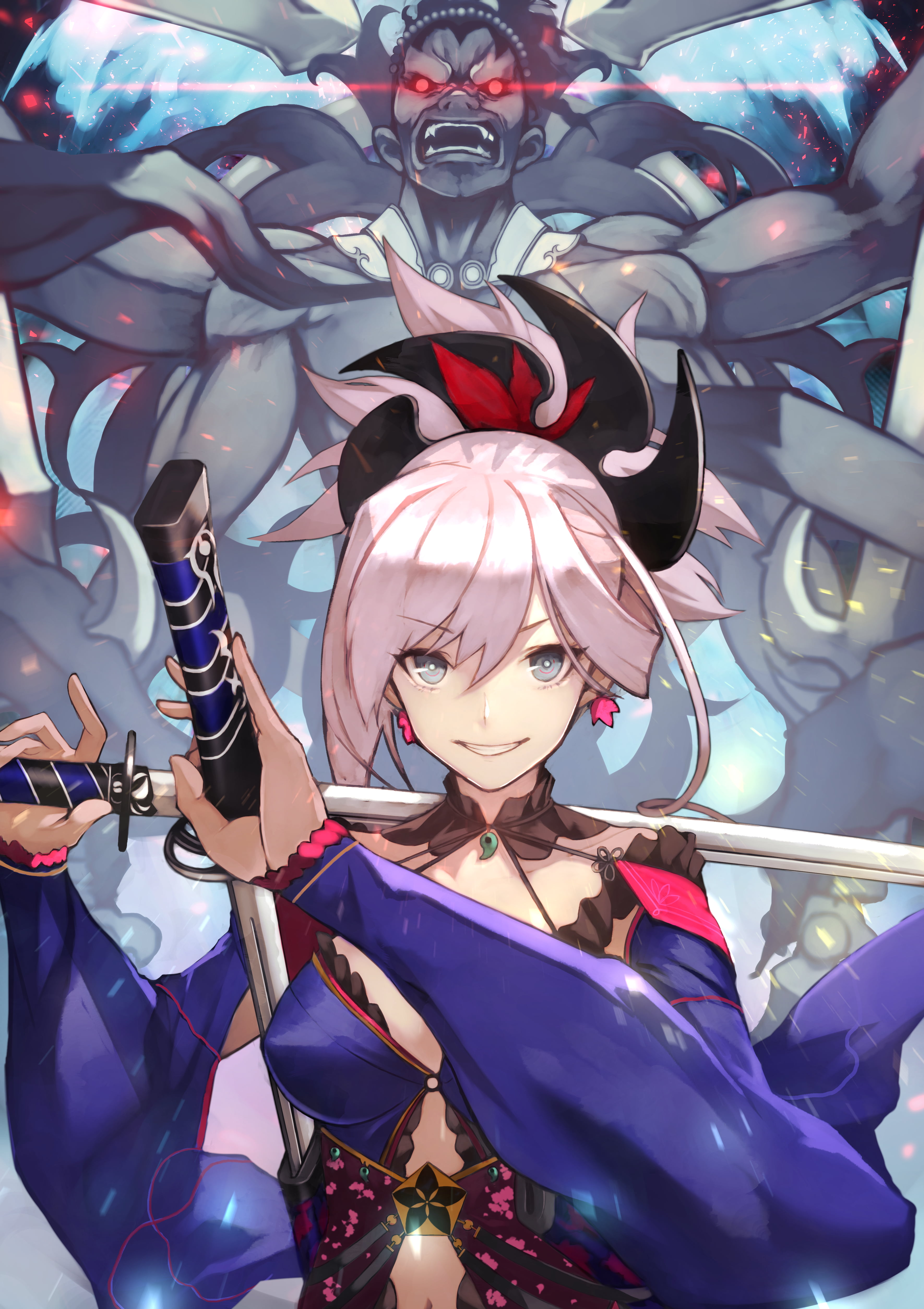 Fate/Grand Order, anime, Miyamoto Musashi (fate/grand order), 4K, yoshi55level, anime girls, Stand, Phone HD Wallpaper