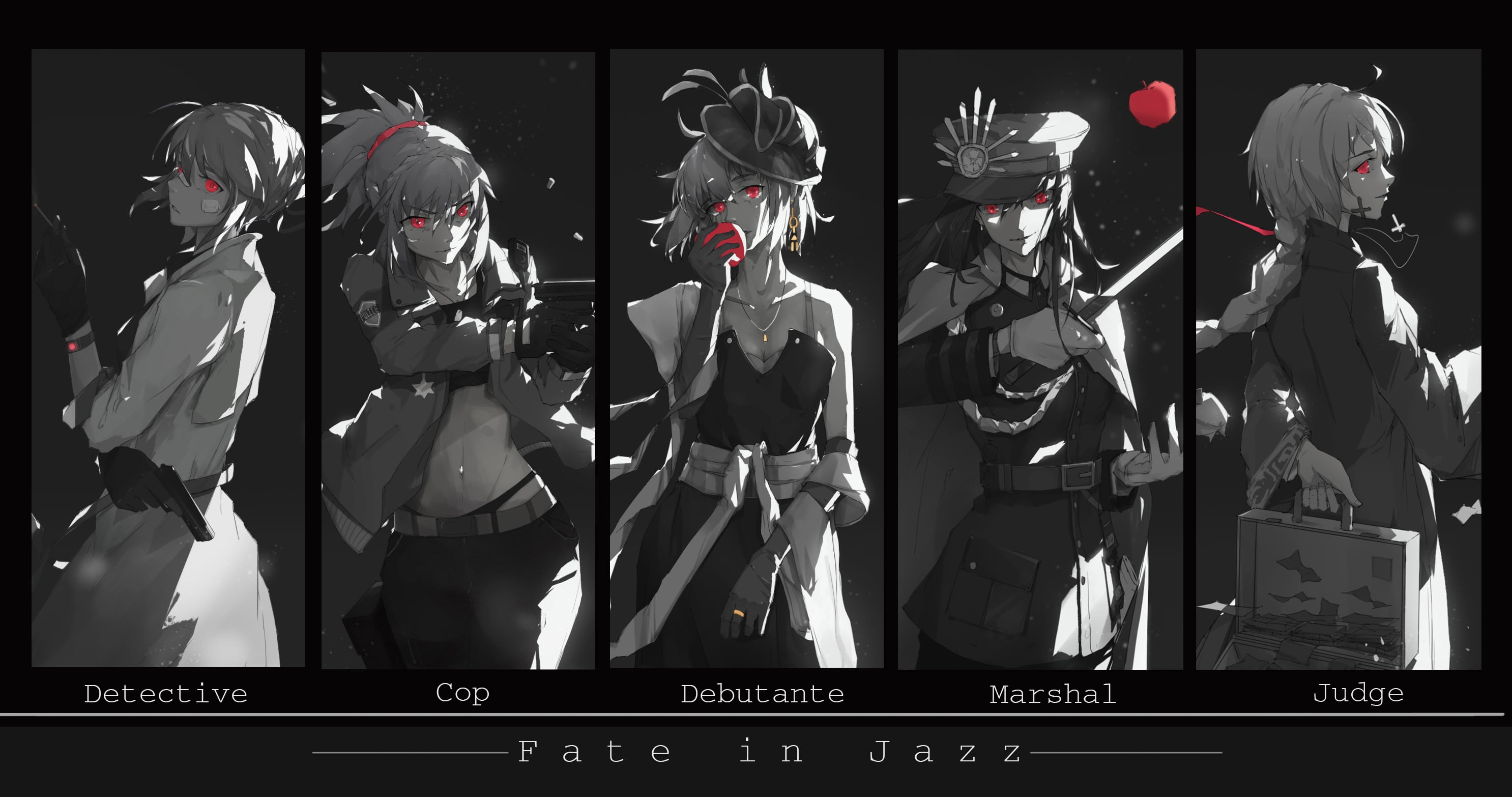 Oda Nobunaga, Fate/Grand Order, Okita Souji, Fate Series, Fate in Jazz, Mordred, anime girls, girls, 2K, collage, detective, cop, marshall, Joan of Arc, HD Wallpaper