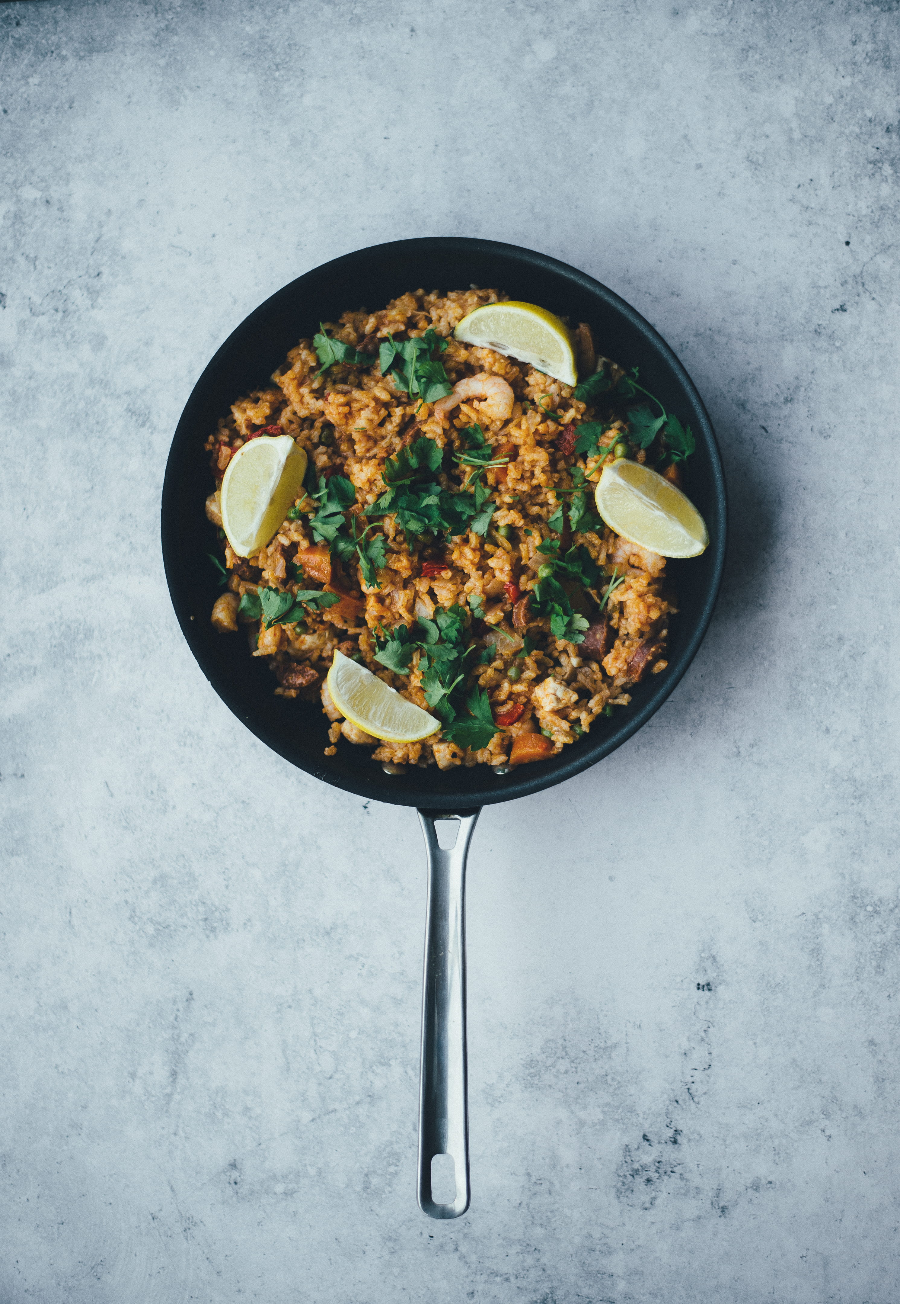 rice, no people, frying pan, paella, healthy eating, food, close-up, table, lemon, pan, 4K, directly above, food and drink, top, kitchen utensil, wellbeing, Phone HD Wallpaper