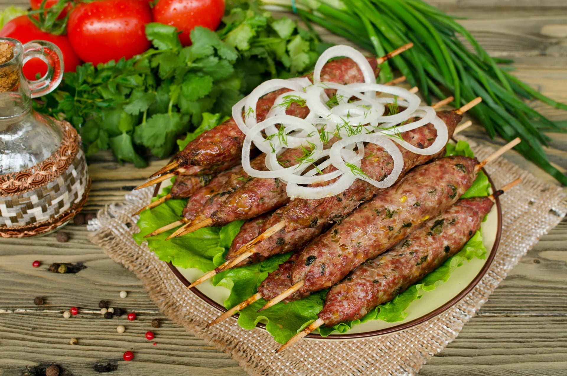 tomatoes, bow, greens, kebab, meat, 1080P, HD Wallpaper