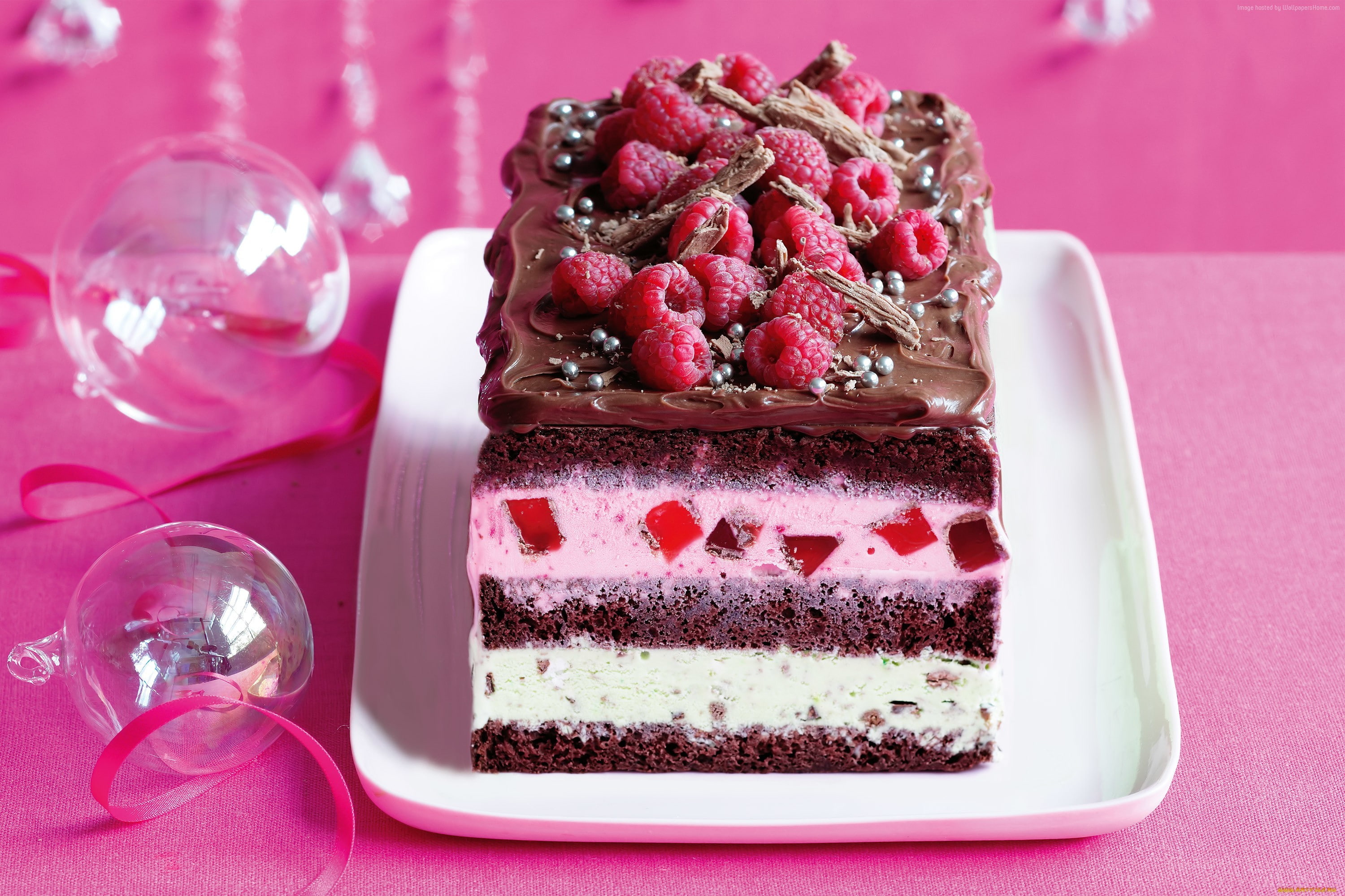 ice cream, raspberry, pink, Cake, berries, chocolate, 2K, HD Wallpaper