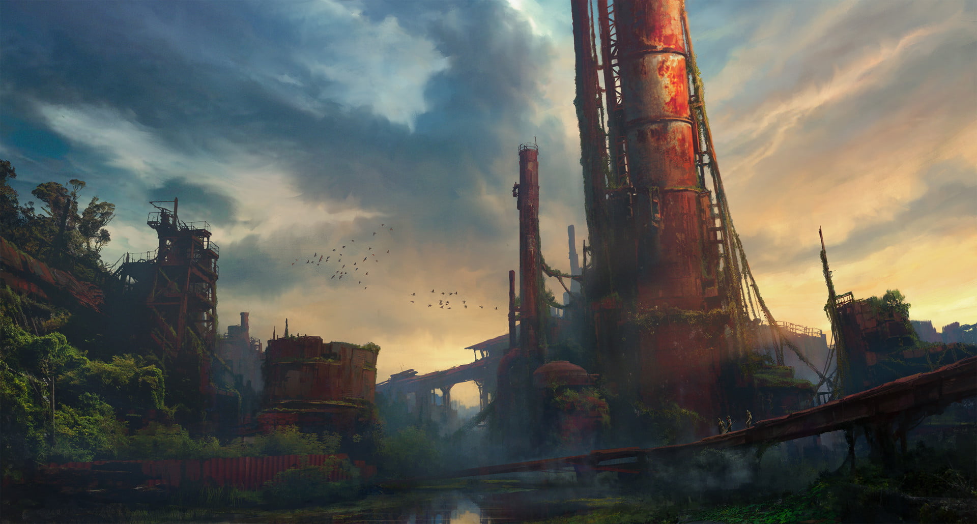 apocalyptic, lake, industrial, rust, bridge, sunset, factory, environment, ruins, 1080P, HD Wallpaper