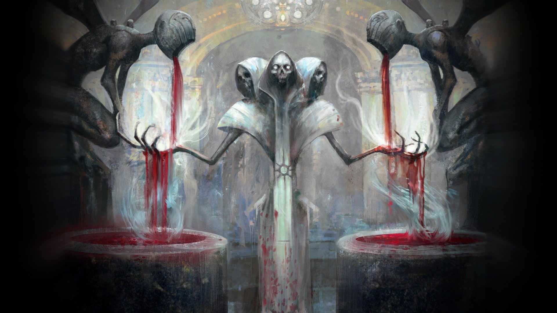 creepy, magic the gathering, Symmetry, death, devils, Fan Art, fantasy Art, Surreal, digital art, video games, blood, 1080P, skull, skeleton, HD Wallpaper