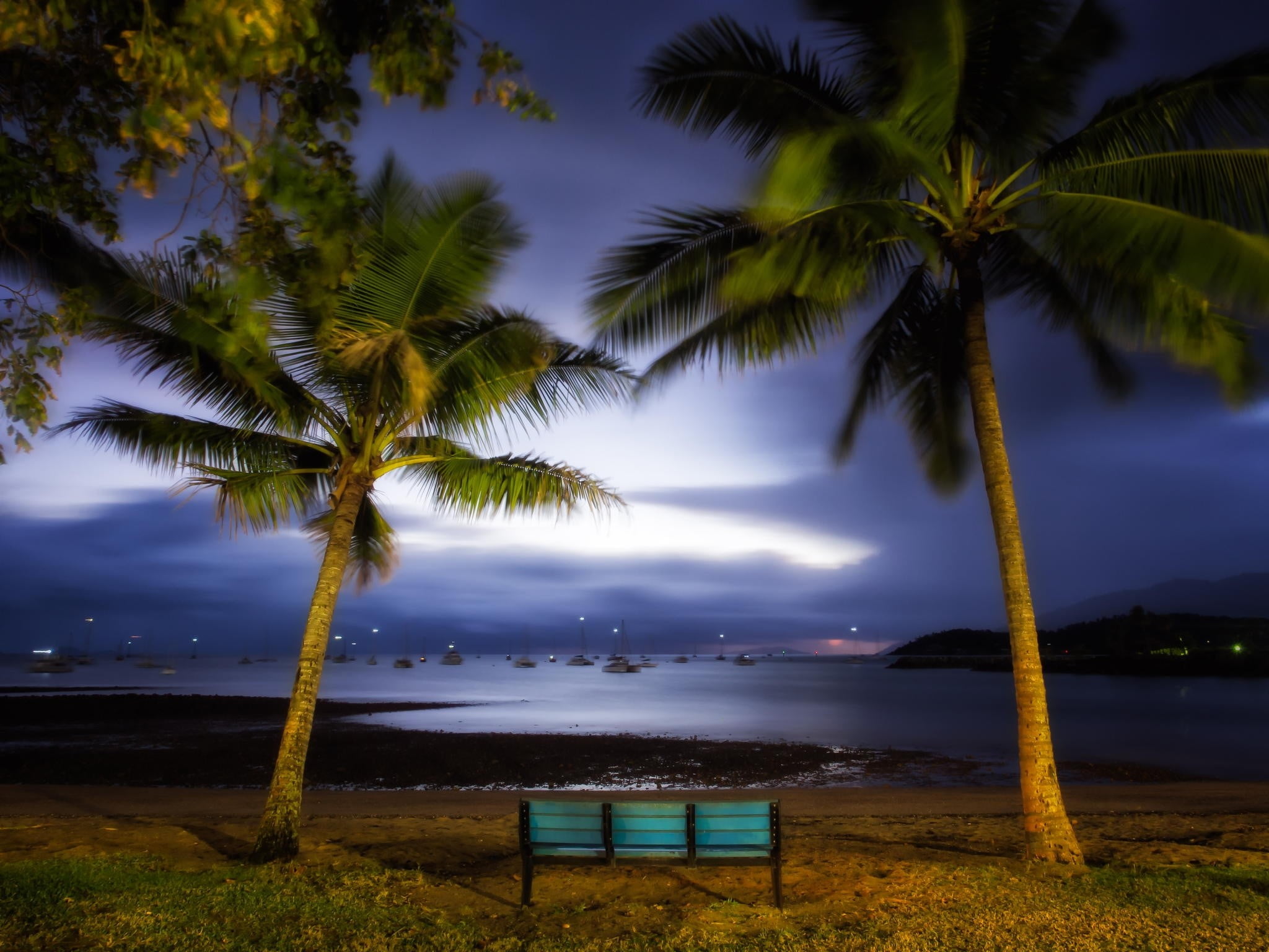 water, tranquil scene, evening, palm tree, beach, outdoors, hills, Australia, land, landscape, palm trees, 1080P, bench, seat, sailing ship, beauty in nature, HD Wallpaper