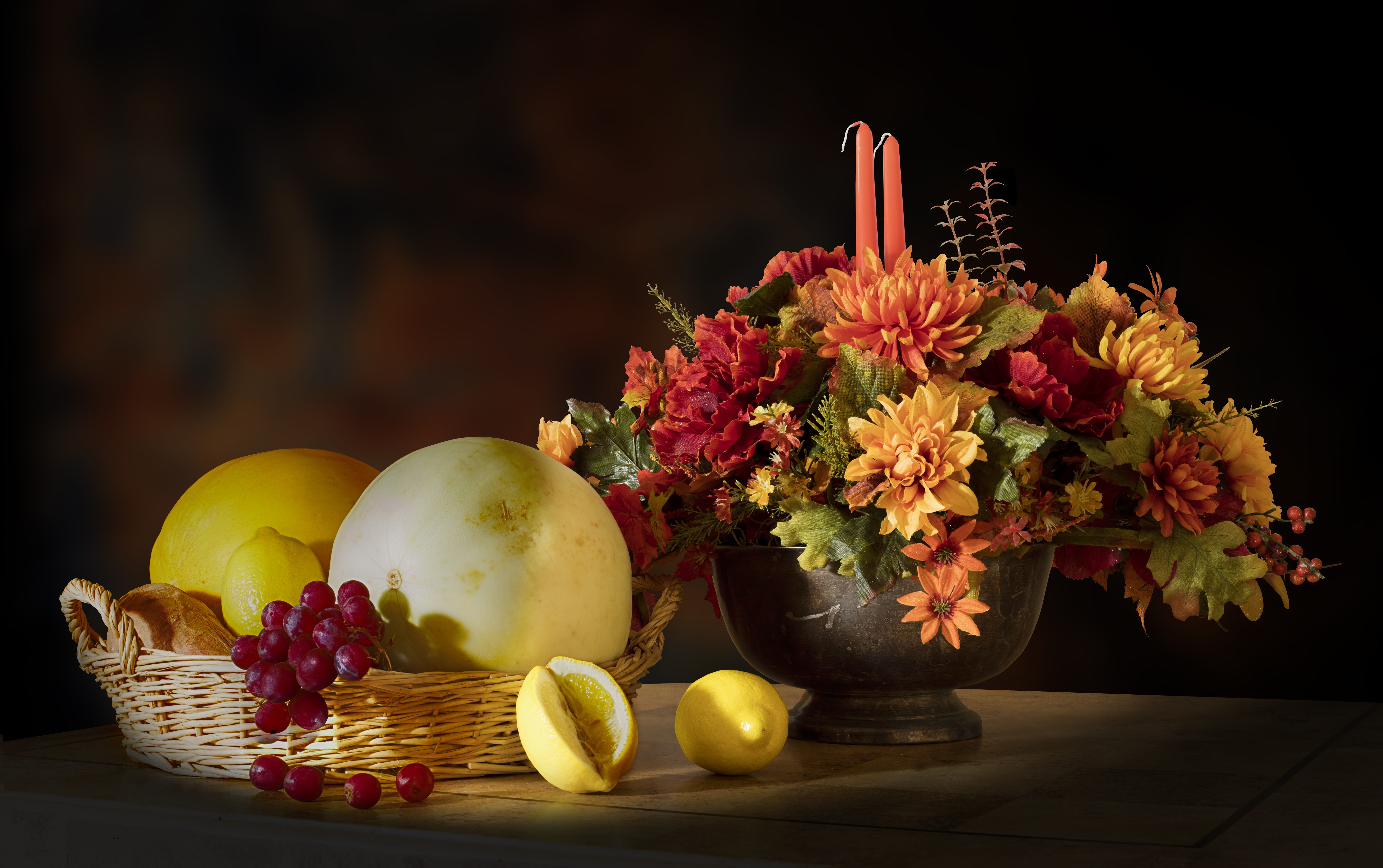 healthy eating, vase, citrus fruit, health, table, honeydew, wellbeing, flower arrangement, candle, no people, nutrition, fruit, fruits, 8K, flowers, freshness, HD Wallpaper