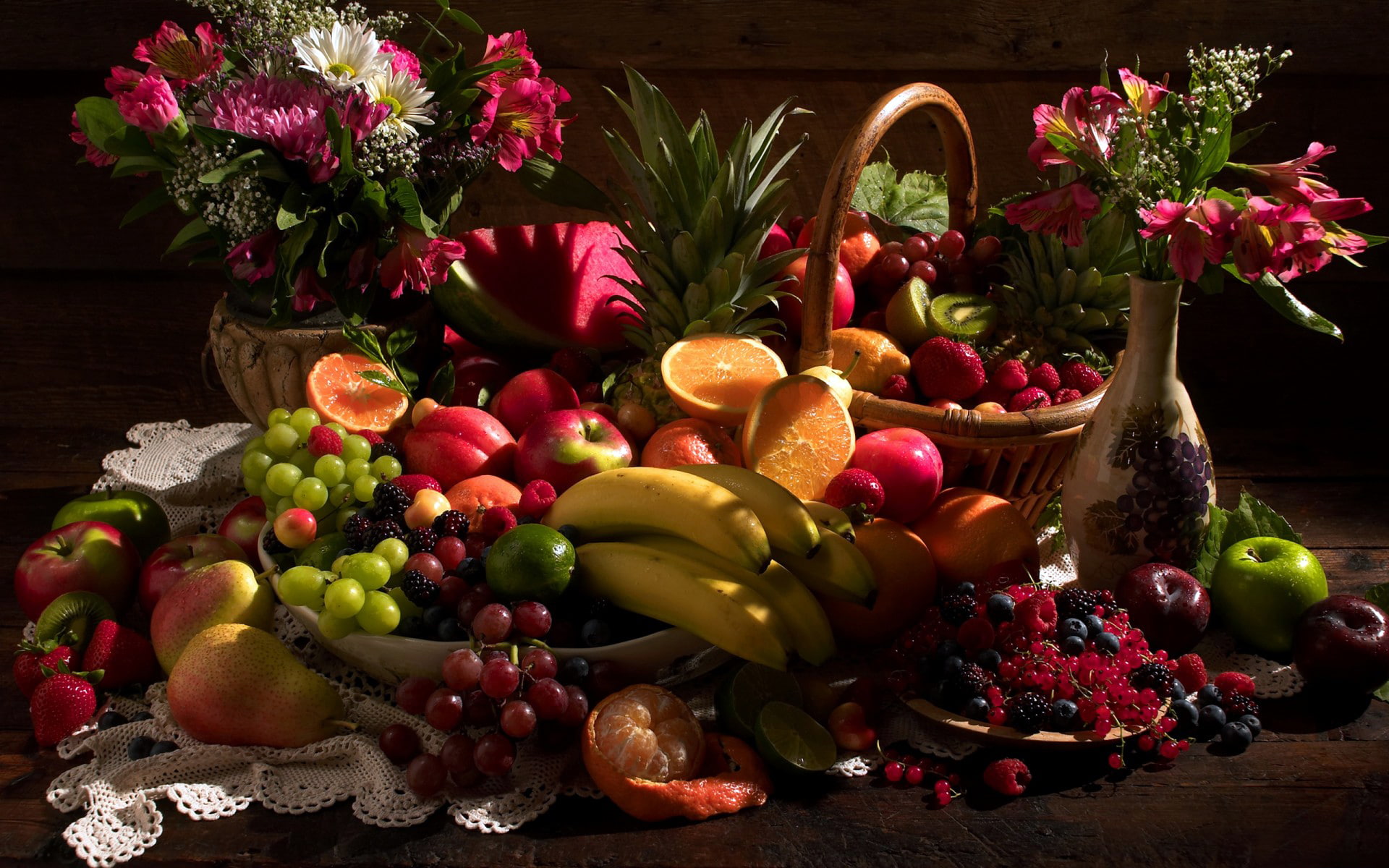 ORANGE, BERRIES, FLOWERS, PEAR, APPLE, PINEAPPLE, 1080P, CURRANTS, WATERMELON, VASE, BOUQUET, BANANA, STRAWBERRY, GRAPES, FRUIT, BASKET, RASPBERRY, KIWI, HD Wallpaper