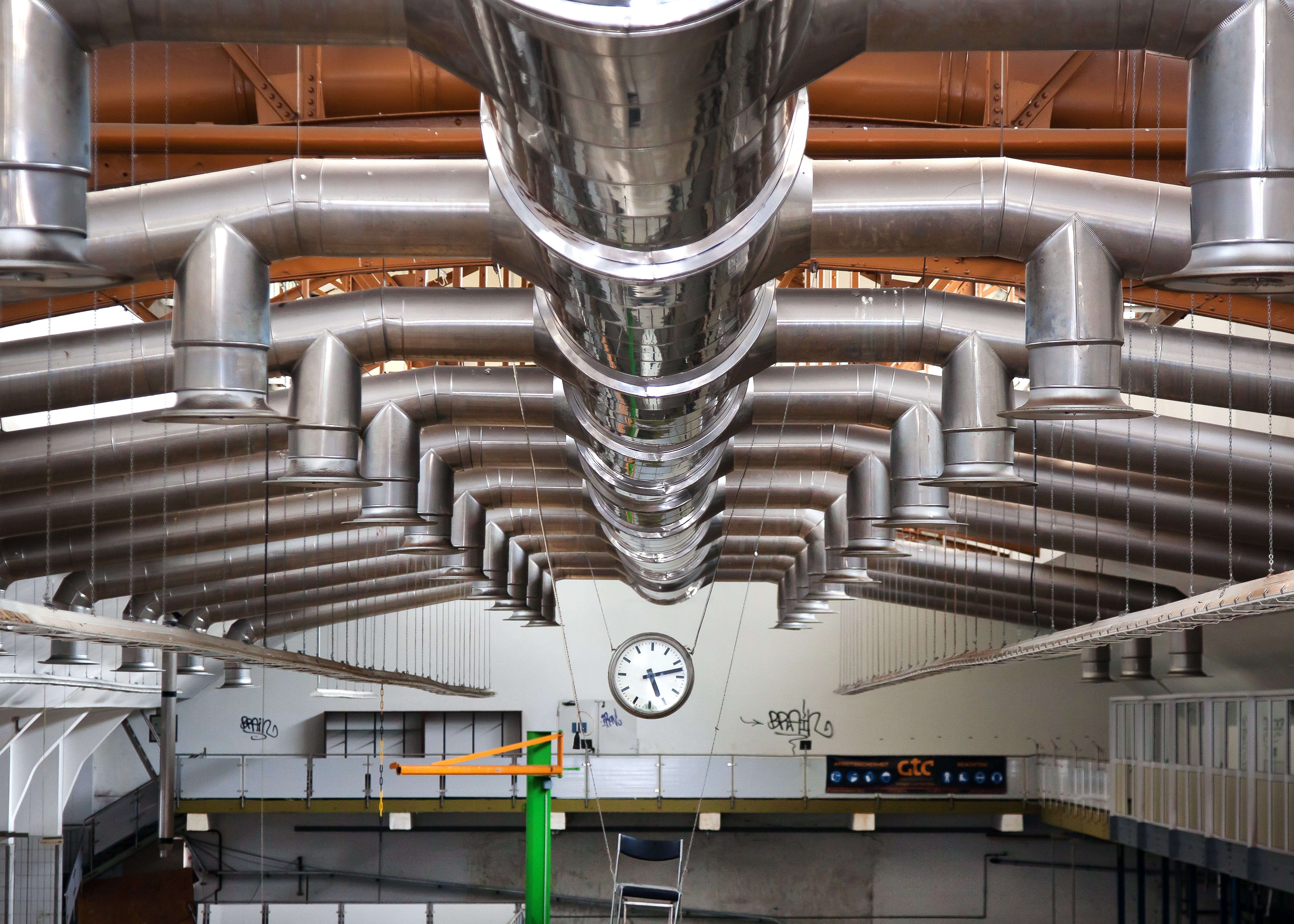 5K, text, silver colored, rama, building, ventilation, hall, factory, pipe - tube, ceiling, metal, steel, equipment, no people, industrial plant, butter factory, HD Wallpaper