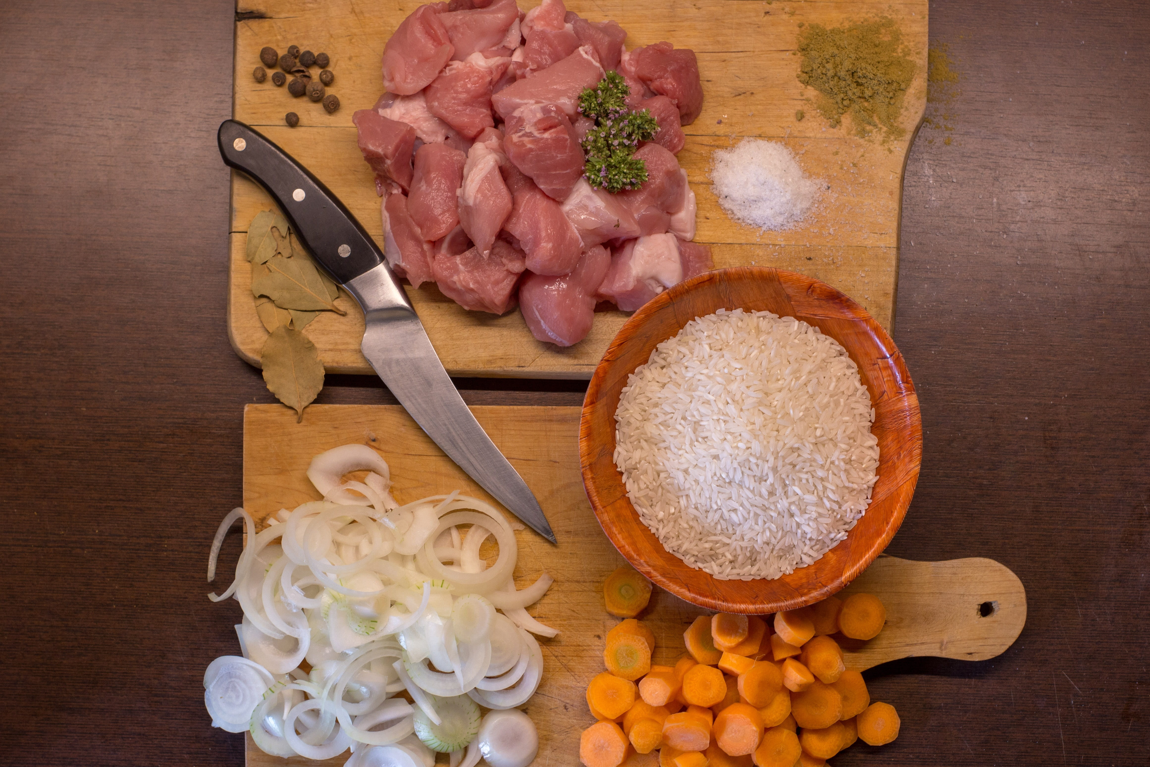 processed meat, no people, chopped, preparation, high angle view, meat, meal, variation, food and drink, wood - material, healthy eating, plant, eat, calories, HD Wallpaper