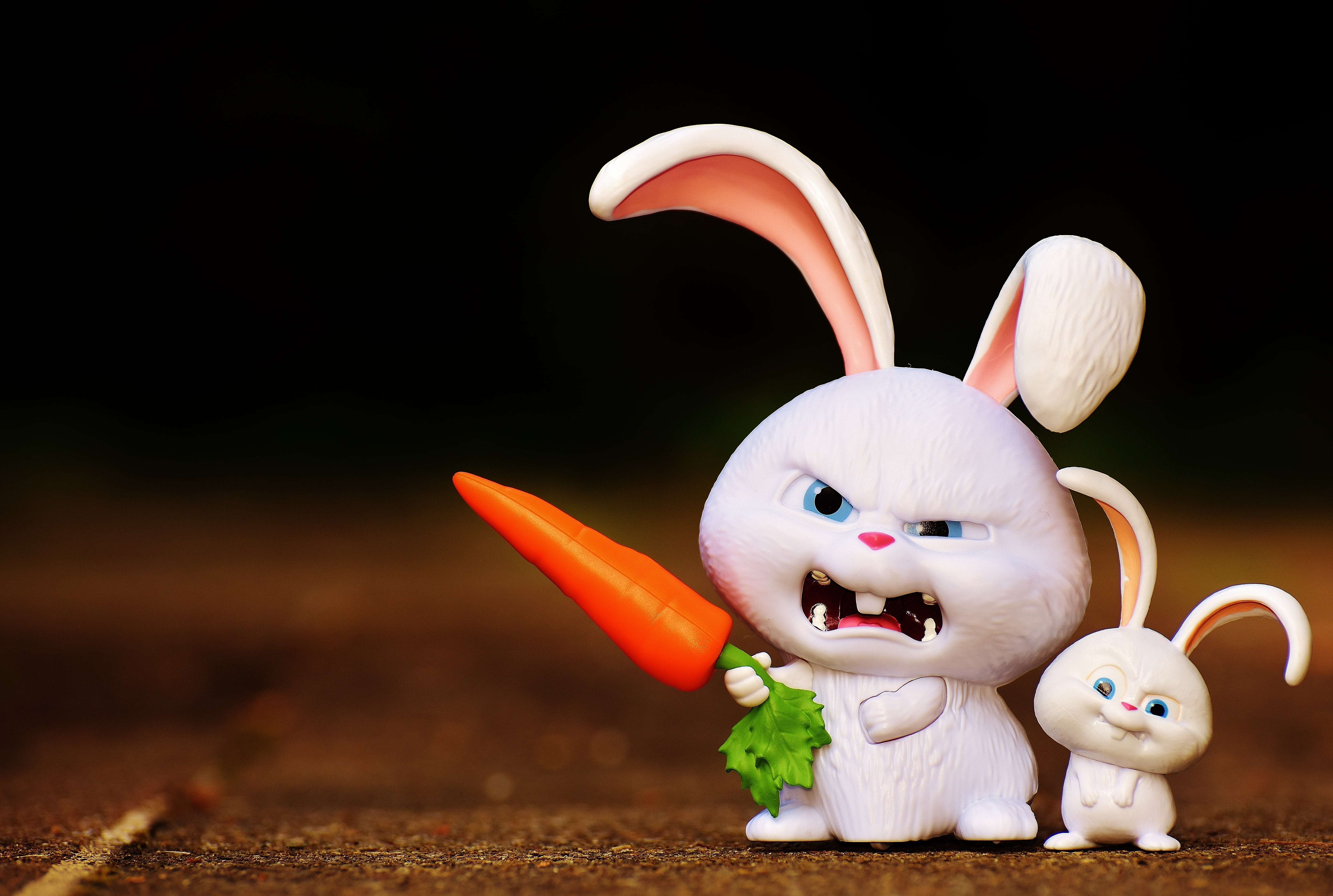 rabbits, evil, two, hare, white, toys, easter bunny, film character, rabbit - animal, celebration, mammal, art and craft, indoors, still life, black background, HD Wallpaper