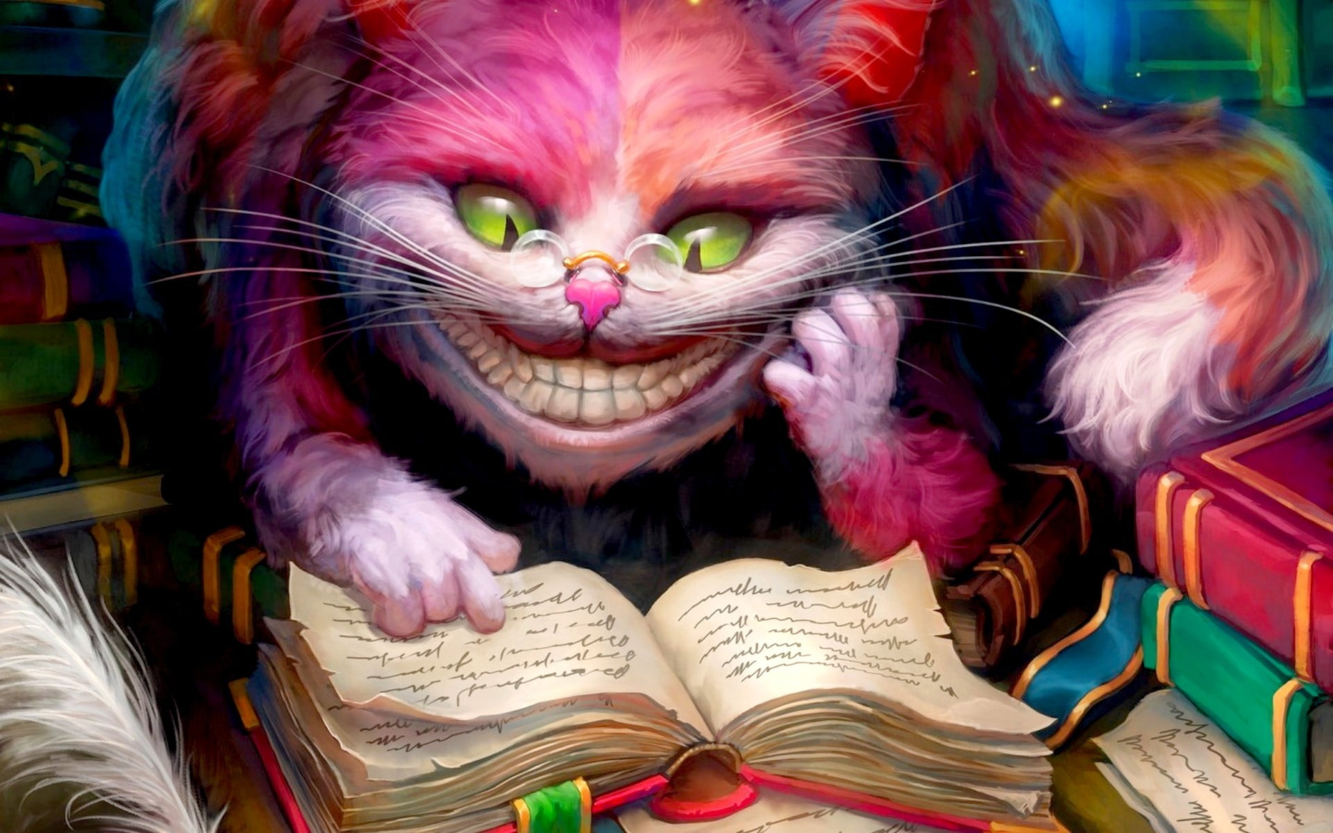 paper, domestic cat, portrait, multicolored, smiling, whisker, cat, indoors, day, feather, multi colored, close-up, reading, artwork, 1080P, one animal, HD Wallpaper