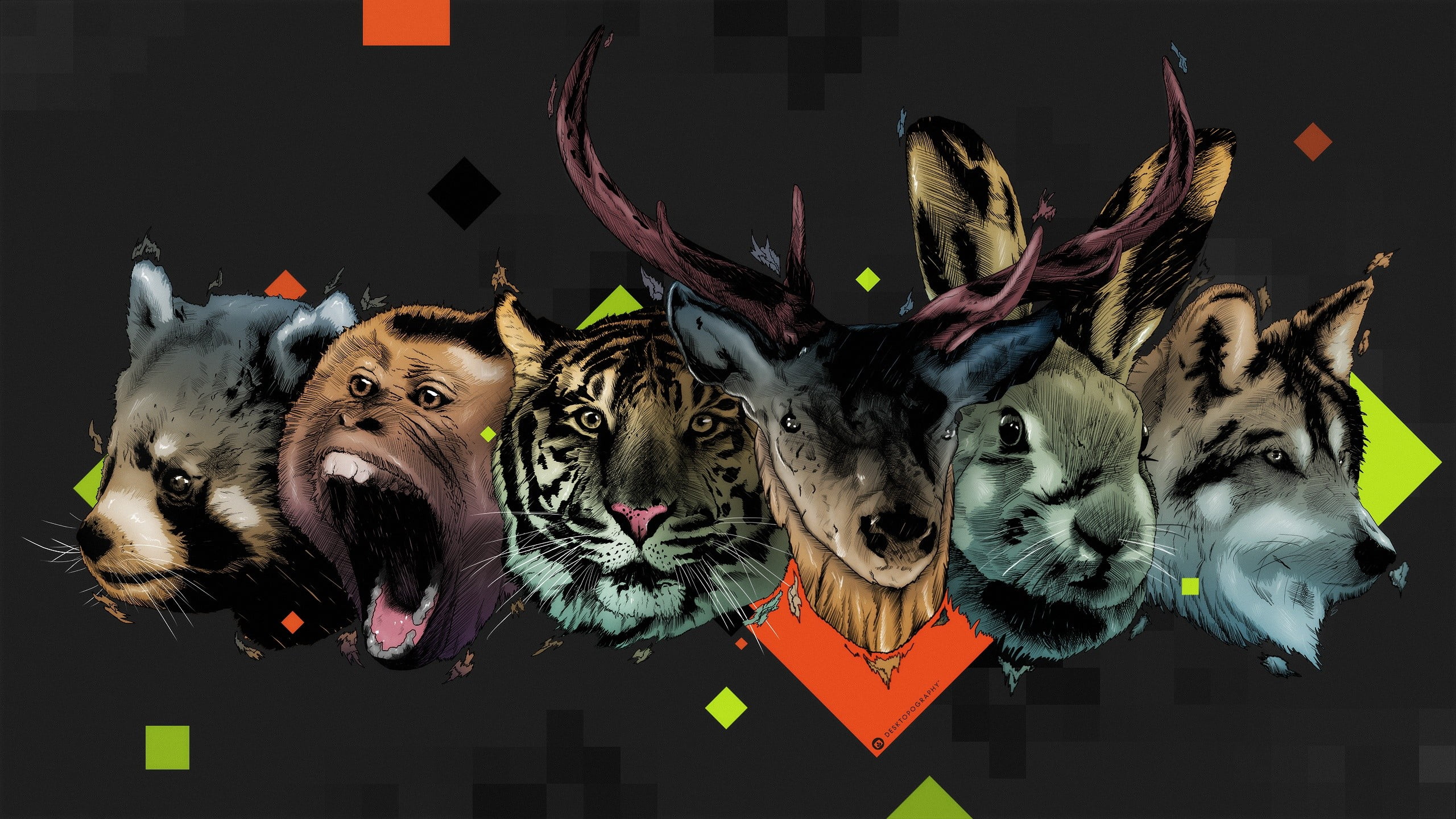 domestic, animal body part, deer, rabbits, tiger, no people, animal, vertebrate, whisker, six, Desktopography, monkey, pets, illustration, animal representation, HD Wallpaper