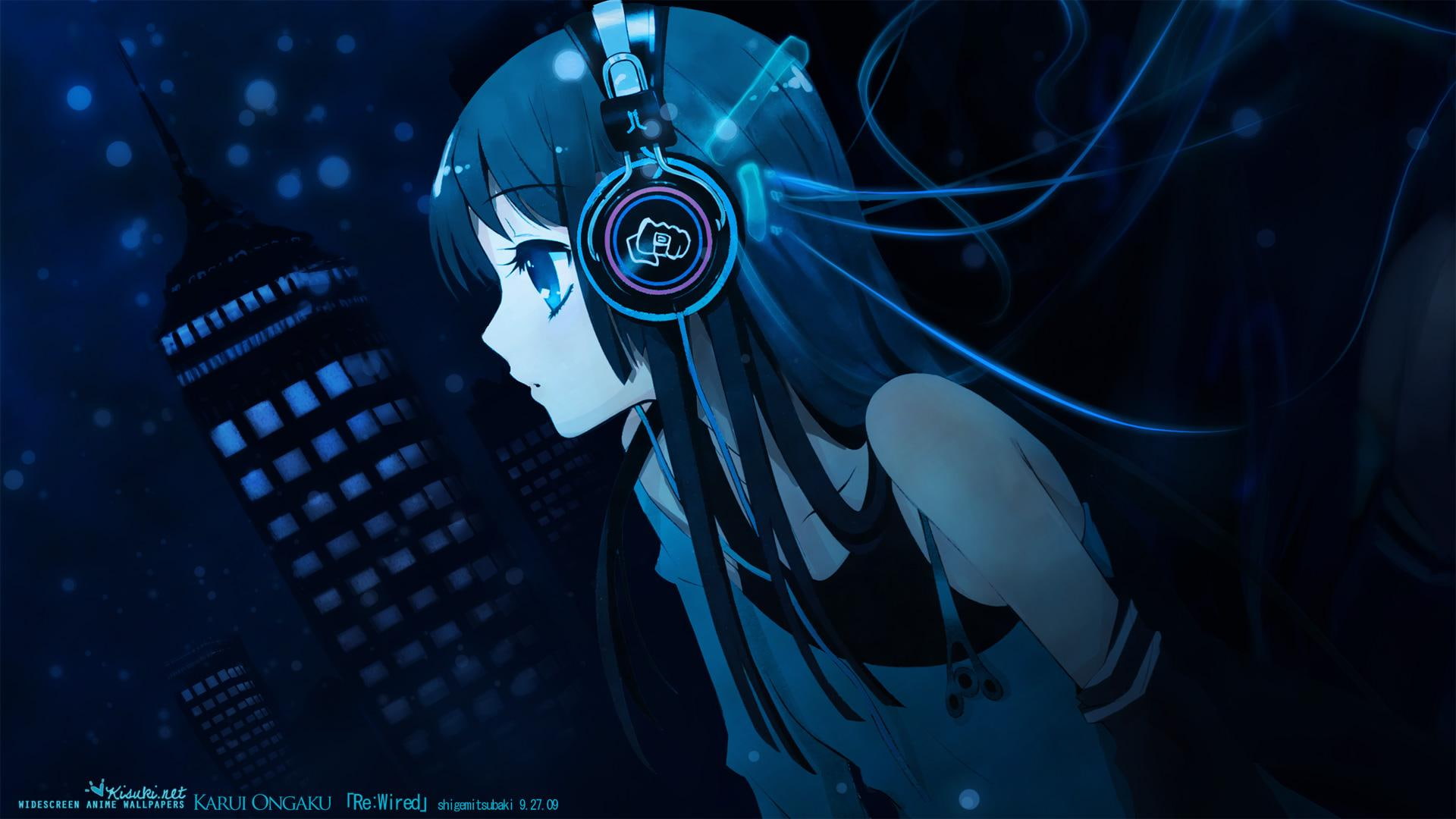blue, head phone, sweet, love, 1080P, 3d and abstract, kisuki, anime, HD Wallpaper