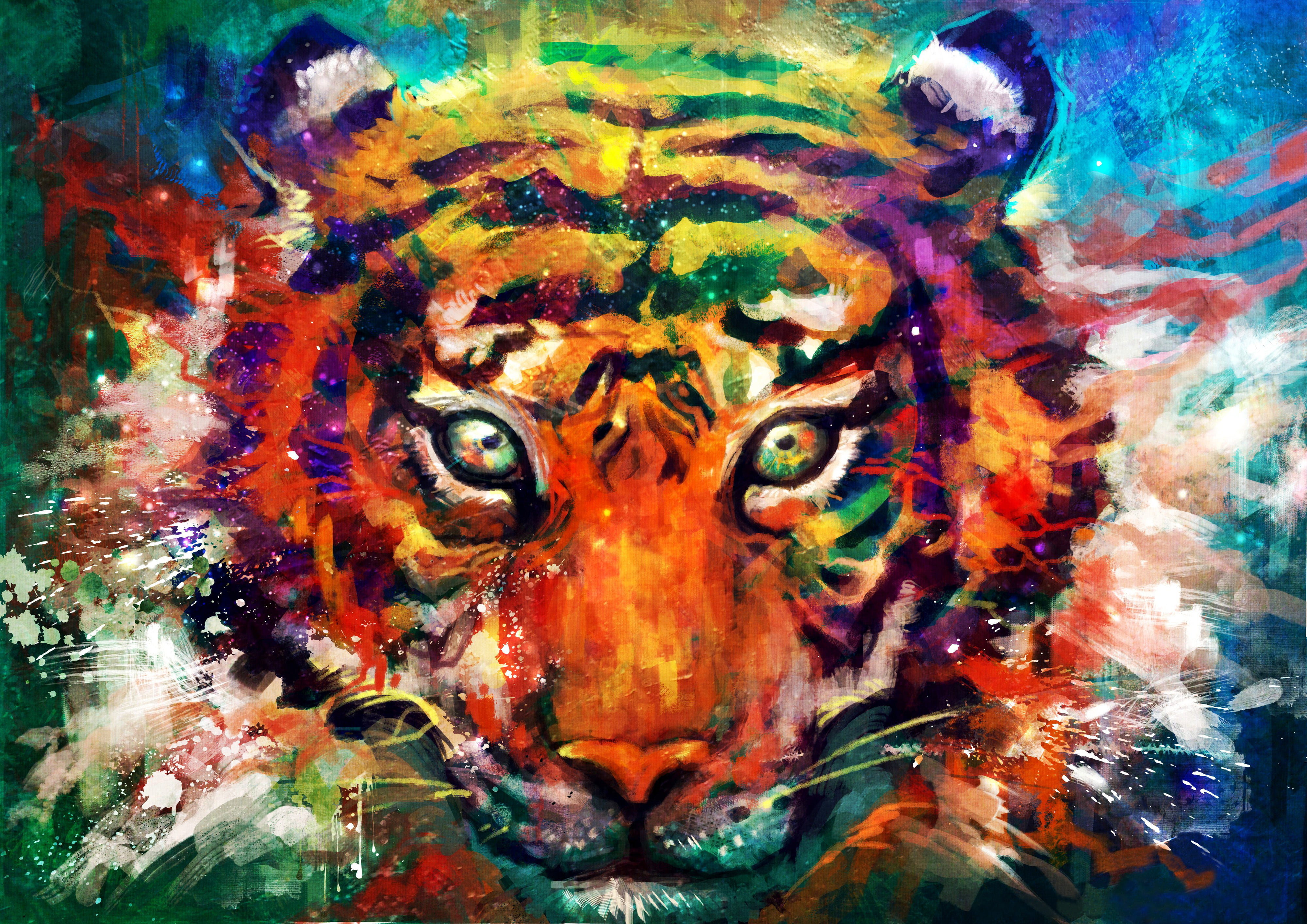 paint, men, indoors, art, paintings, look, painting, creativity, body part, tiger, pattern, human Face, painted Image, head, 4K, orange, craft, digital composite, HD Wallpaper