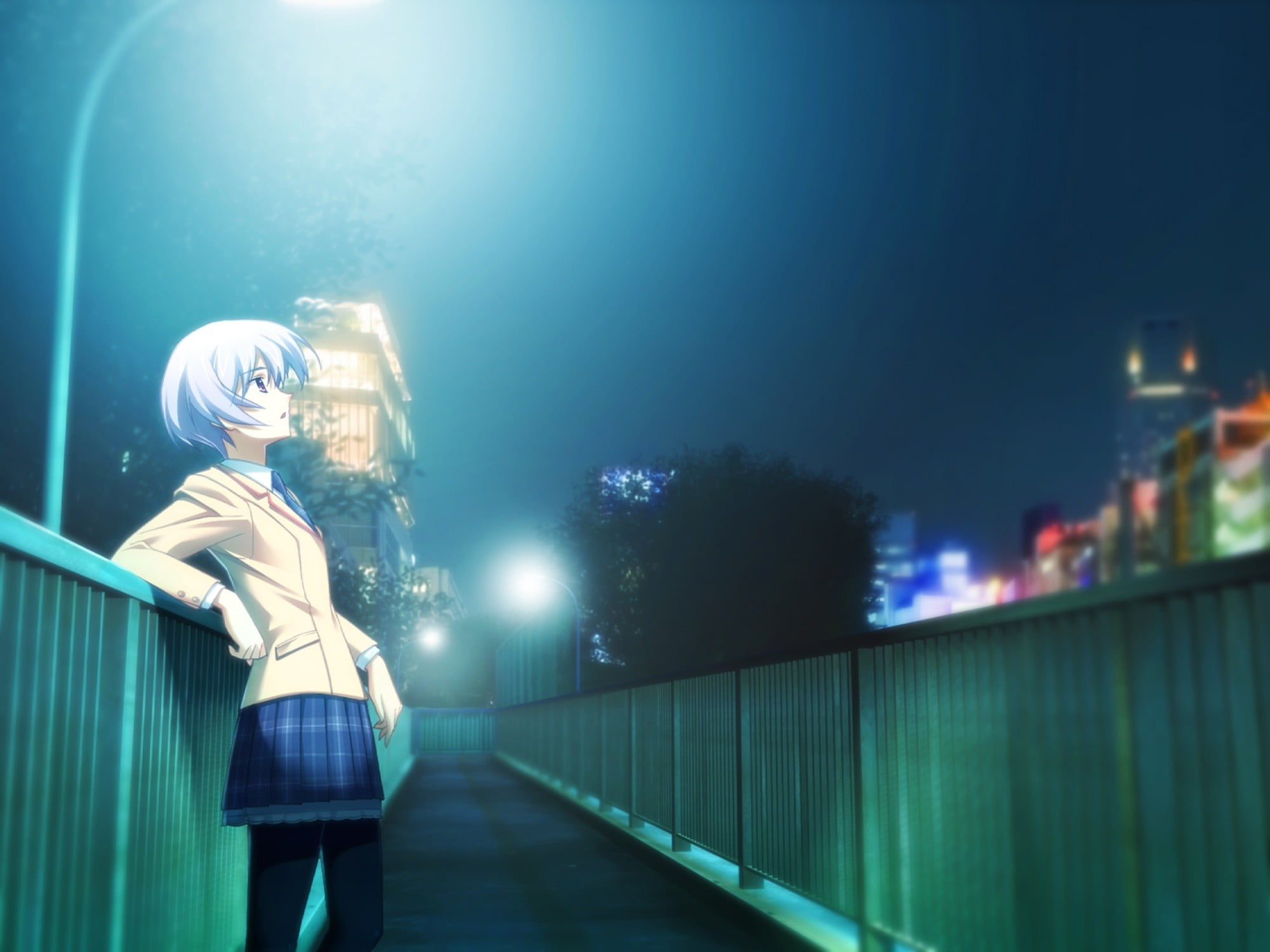 women, young adult, railing, 1080P, nature, Chaos;Head, architecture, anime girls, one person, illuminated, clothing, anime, school uniform, Kishimoto Ayase, HD Wallpaper