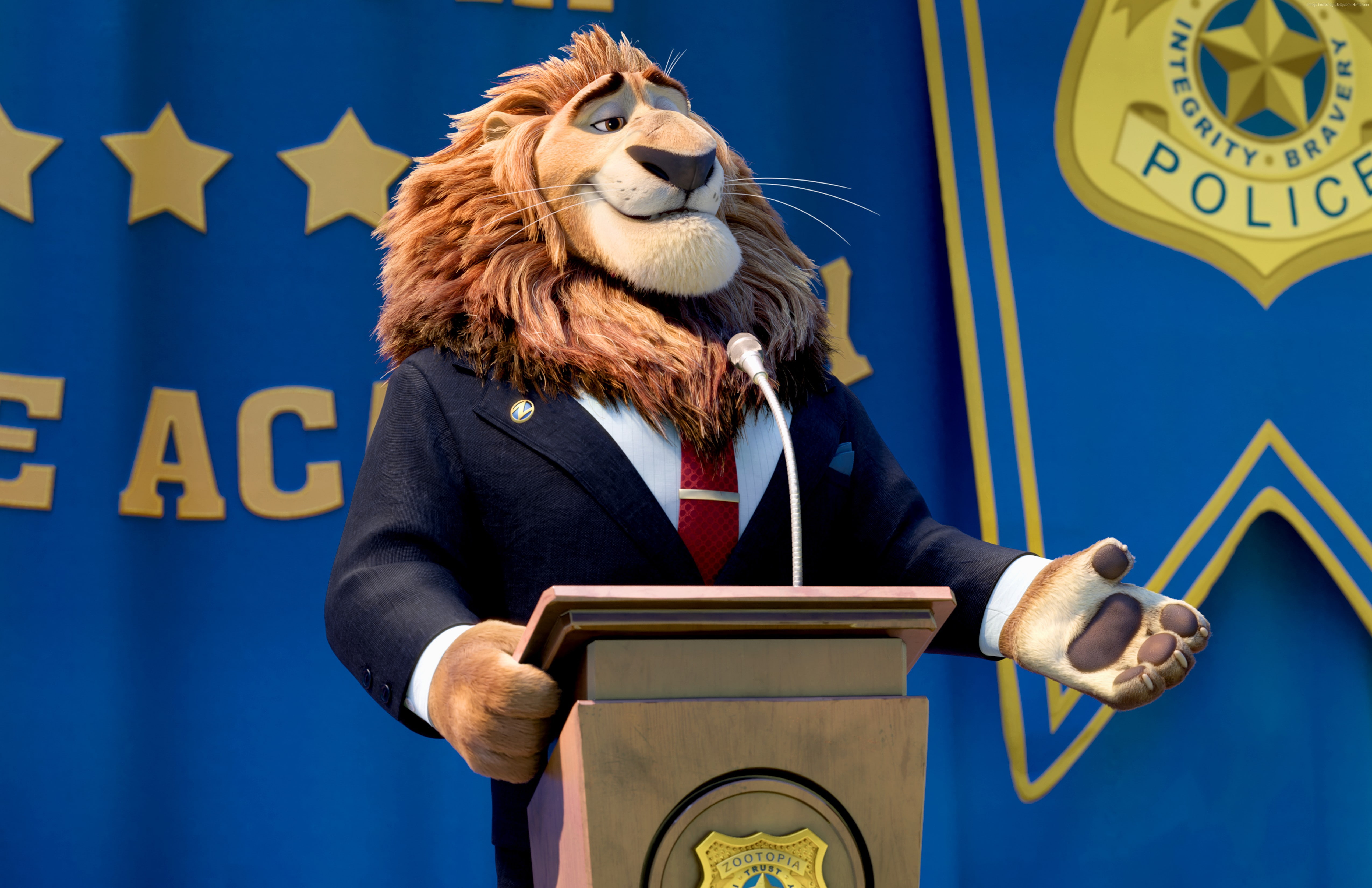 Lion, Mayor Lionheart, Best Animation Movies of 2016, cartoon, 4K, Zootopia, HD Wallpaper