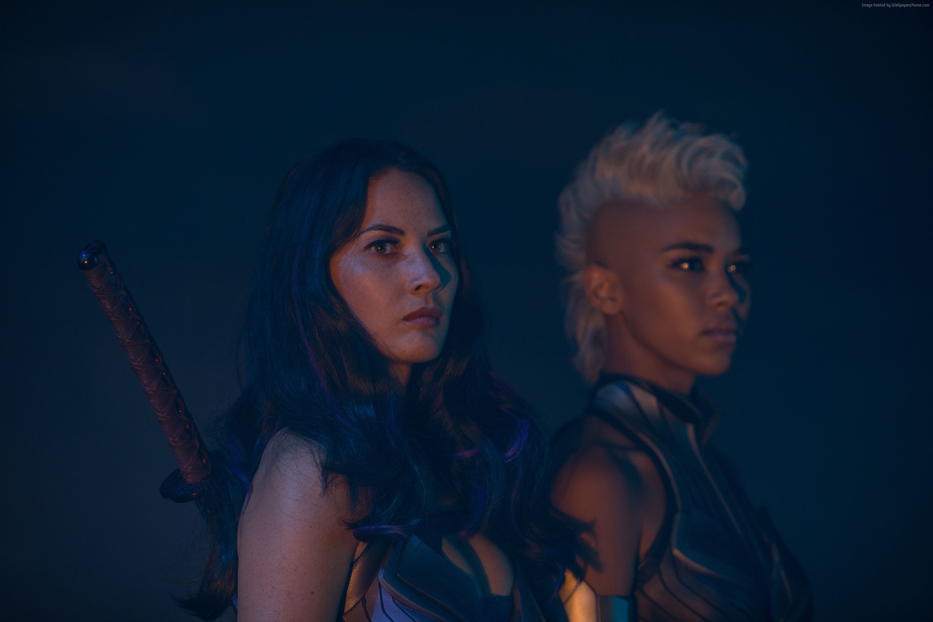 looking at camera, blue background, Best Movies, beauty, hair, studio shot, people, young adult, emotion, hairstyle, 2K, portrait, Olivia Munn, X-Men: Apocalyps, HD Wallpaper