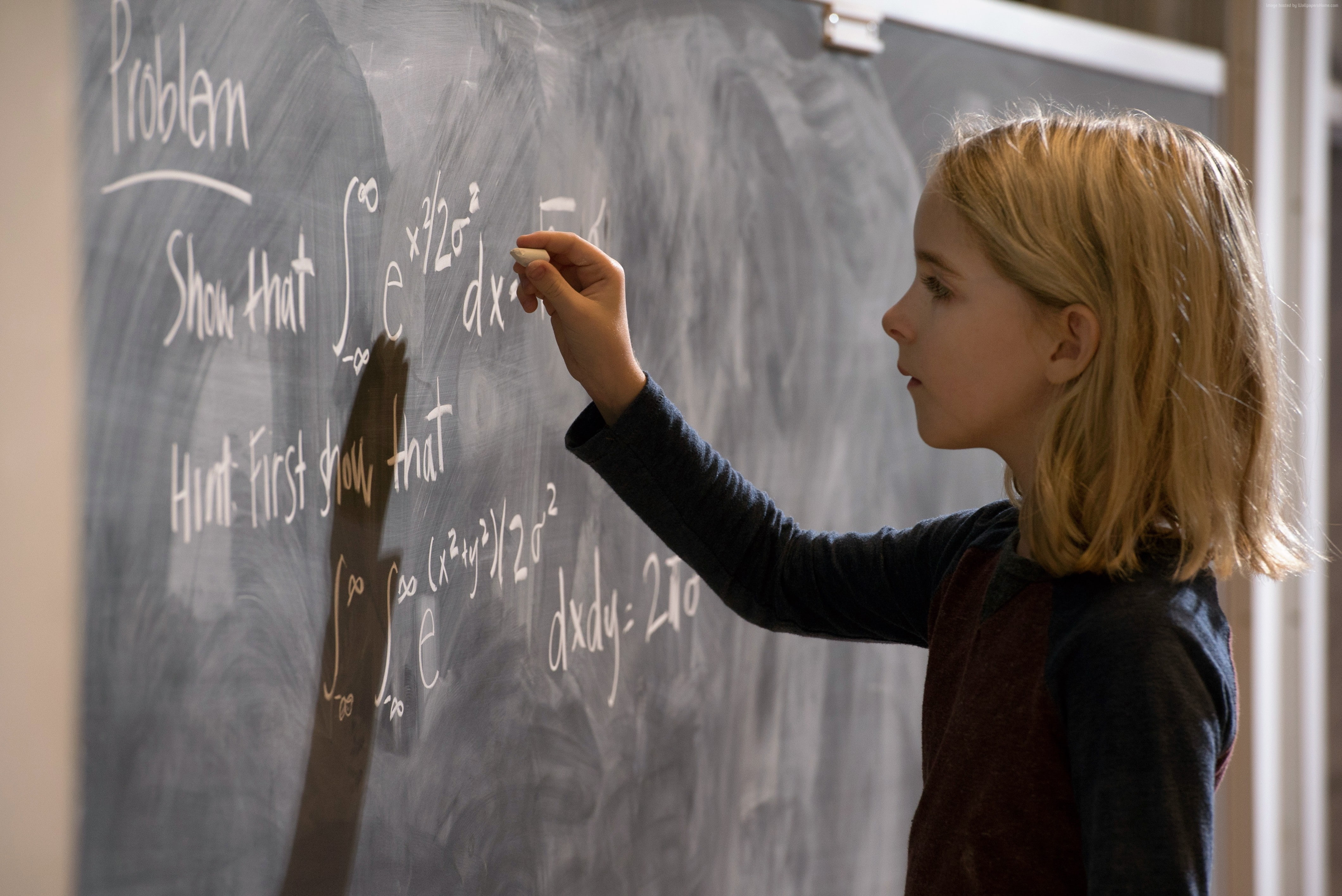 school, profile view, chalk - art equipment, child, offspring, indoors, blackboard, studying, education, classroom, one person, Mckenna Grace, Gifted, mathematics, HD Wallpaper