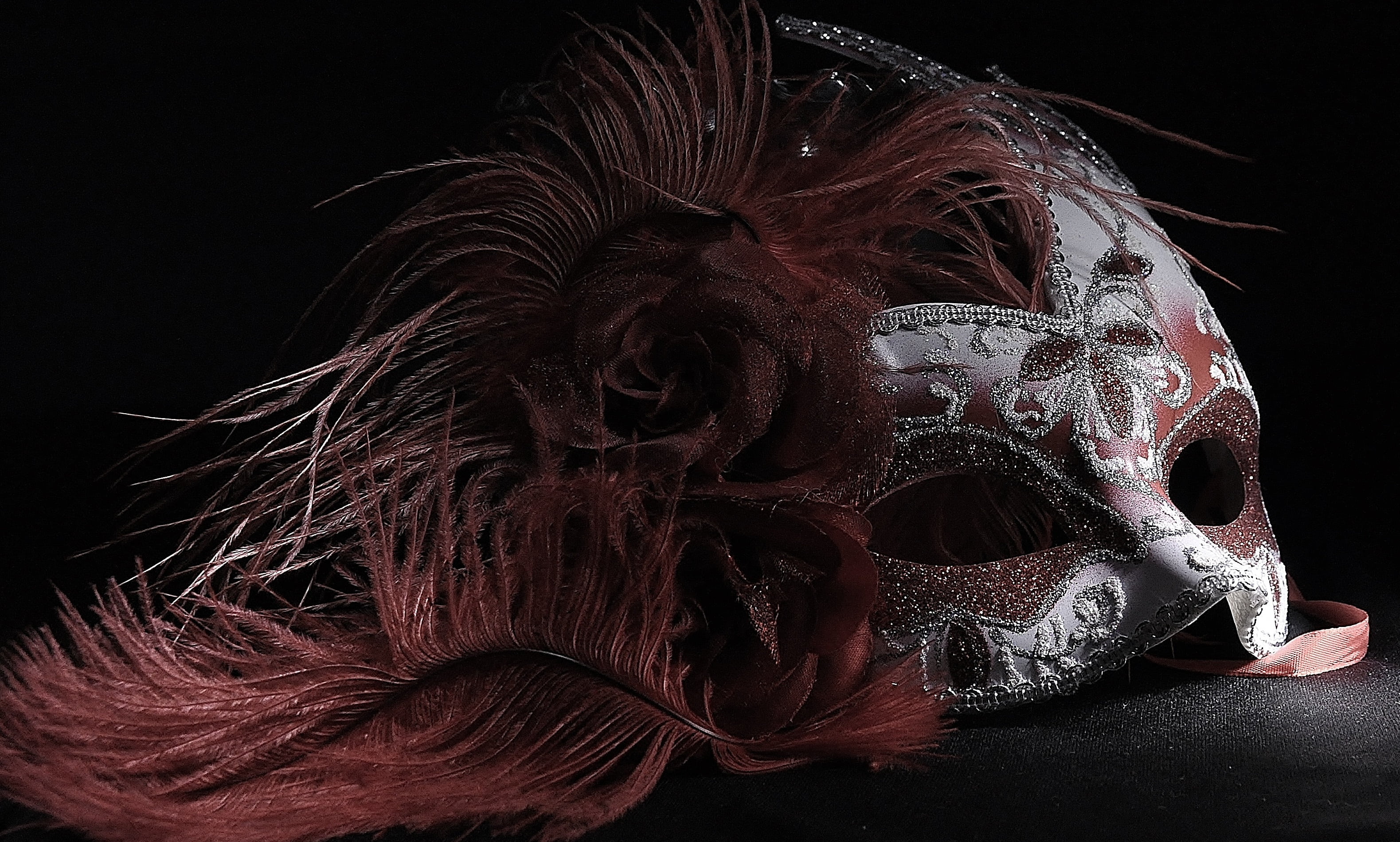 art and craft, light painting, carnival - celebration event, still life, celebration, costume, 2K, venetian mask, close-up, pattern, hairstyle, black background, HD Wallpaper