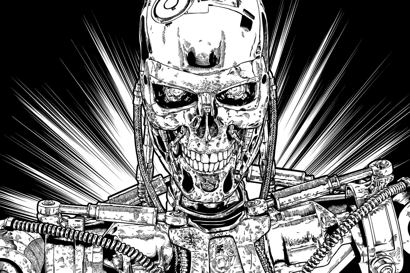 machine, drawing, monochrome, cyborg, comic art, 720P, endoskeleton, Terminator, HD Wallpaper