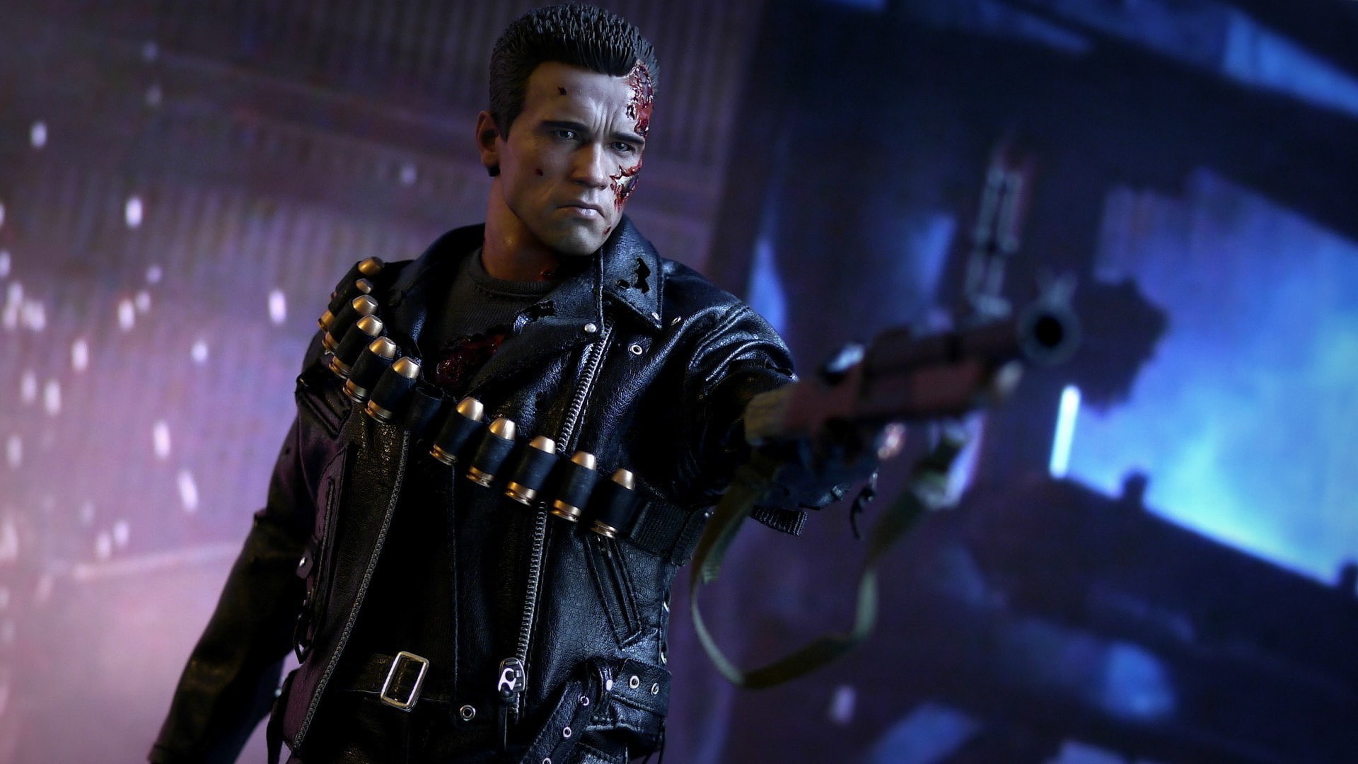 guitar, arnold schwarzenegger terminator robot leather jackets gun armor wounds action figures toys endoskeleton, input device, rock music, front view, HD Wallpaper