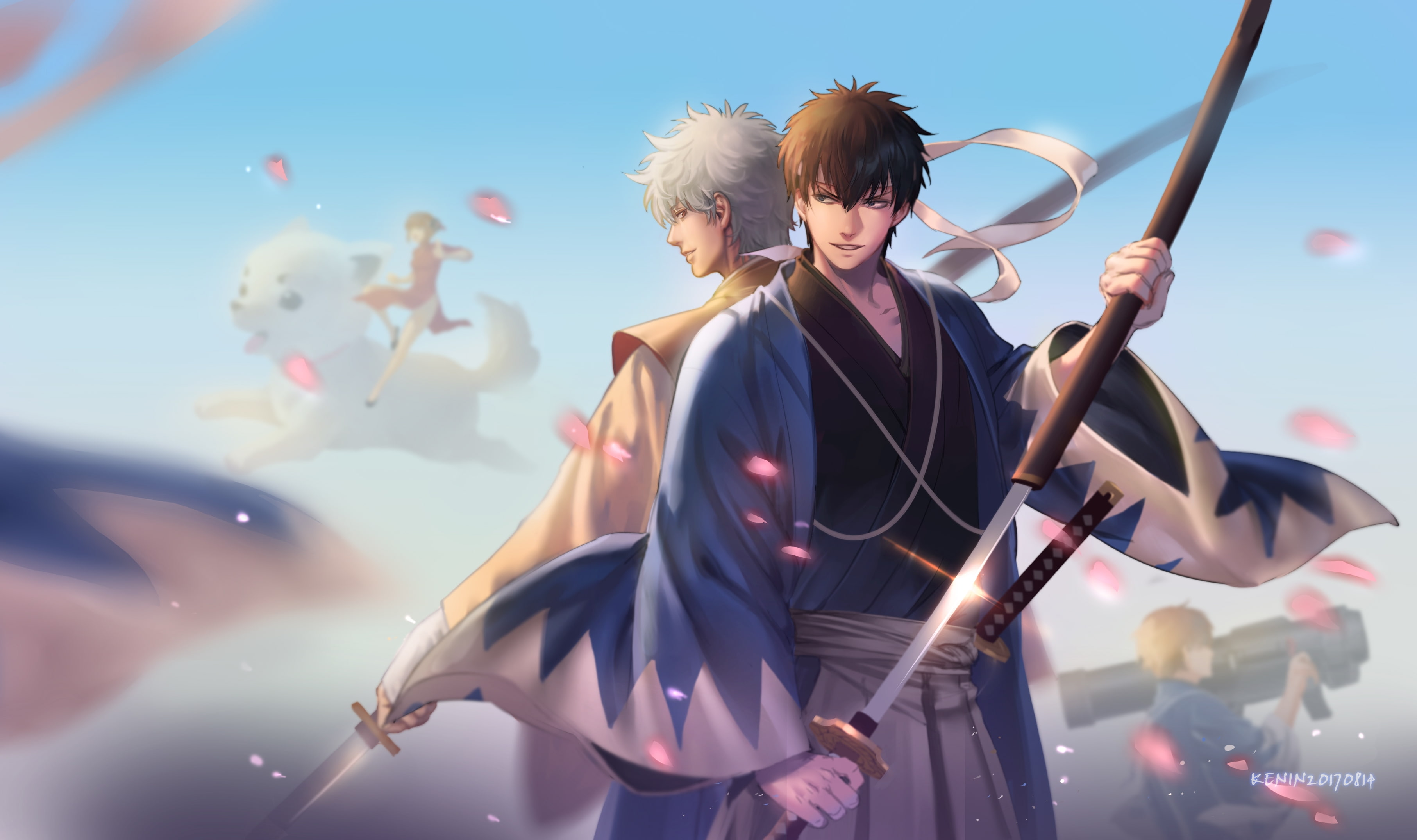 day, Anime, front view, sky, two people, nature, real people, young adult, 2K, gintama, bonding, okita sougo, women, three quarter length, men, kagura gin, HD Wallpaper