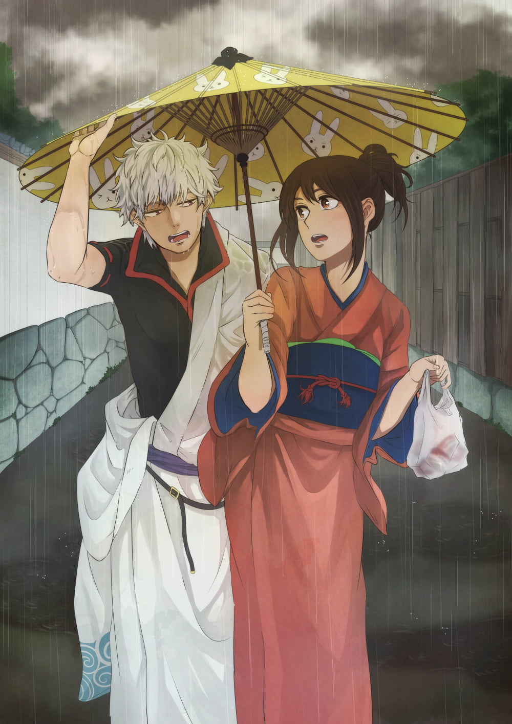 adult, child, people, holding, 720P, two people, umbrella, females, girls, Gintama, day, women, clothing, standing, wet, rain, childhood, Sakata Gintoki, Phone HD Wallpaper