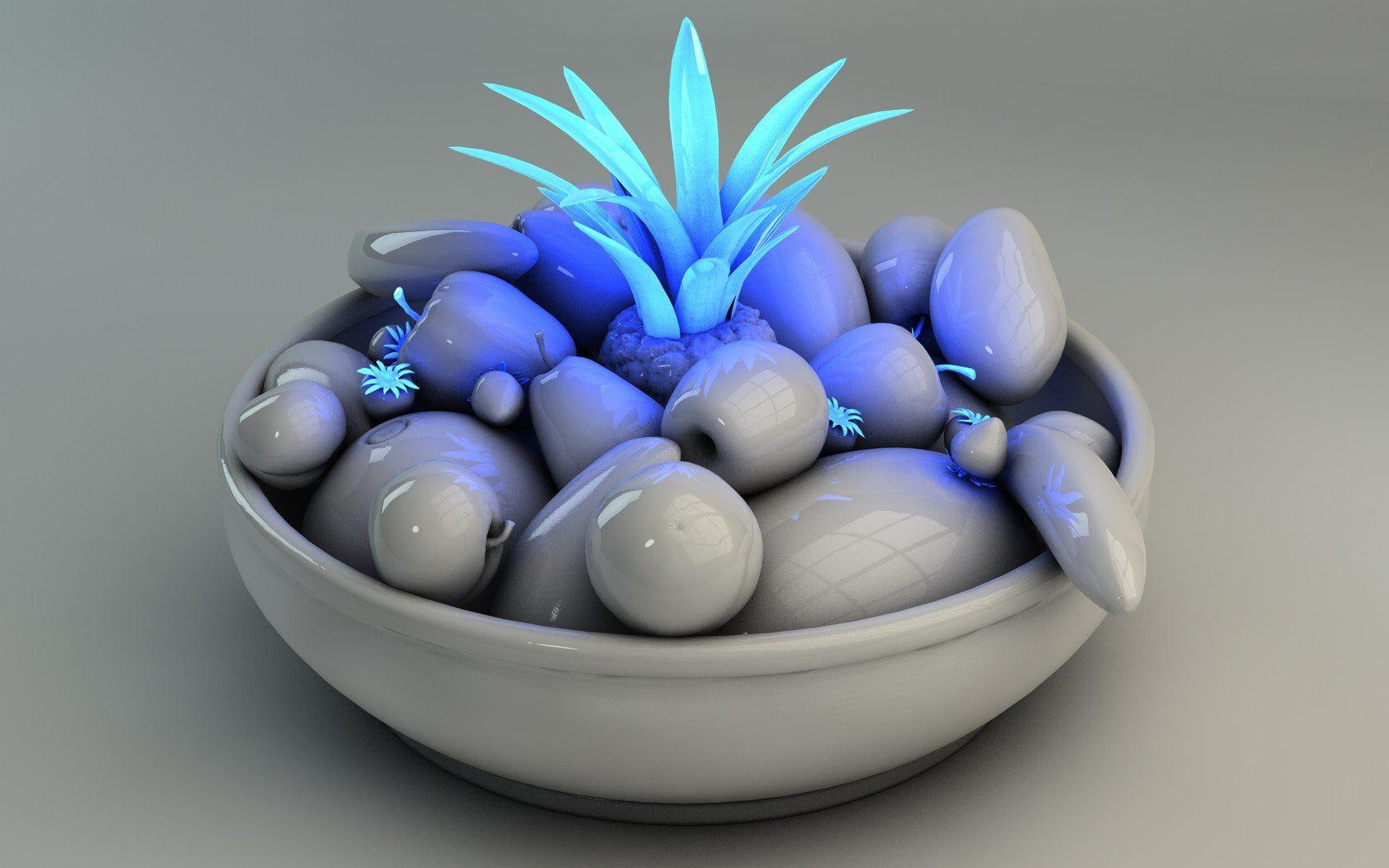 blue, pear, kiwi, glowing, pineapples, fruits, bowl, fruit, download, bananas, 720P, white, HD Wallpaper