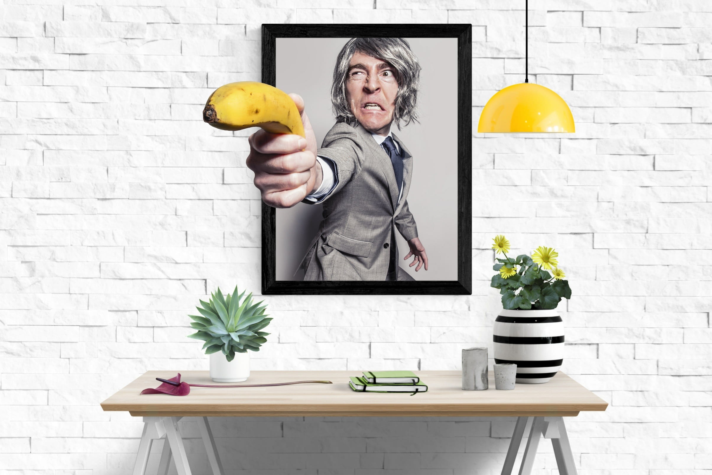 weapon, yellow, parody, standing, young, banana, person, gesturing, fruit, food and drink, confident, hand, good looking, men, stand, 1080P, intensive, HD Wallpaper