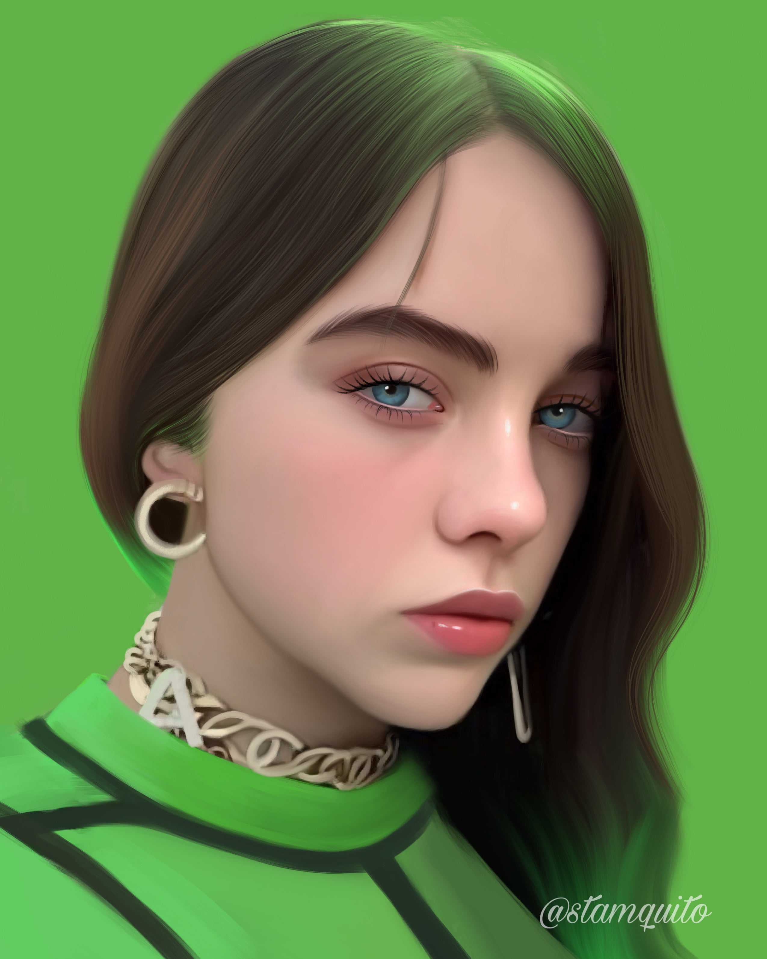 2K, drawing, digital art, portrait display, Stam Quito, fan art, artwork, digital painting, portrait, Billie Eilish, Phone HD Wallpaper