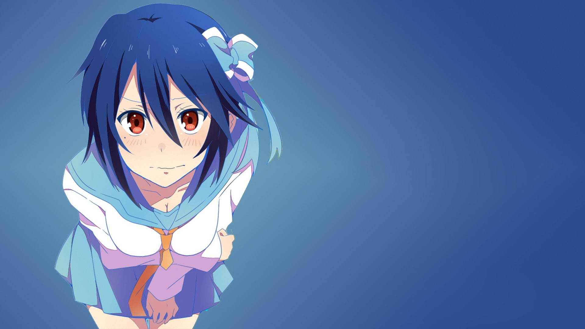 simple background, hair ornament, Tsugumi Seishirou, red eyes, anime, Nisekoi, blushing, school uniform, blue hair, anime girls, 1080P, HD Wallpaper
