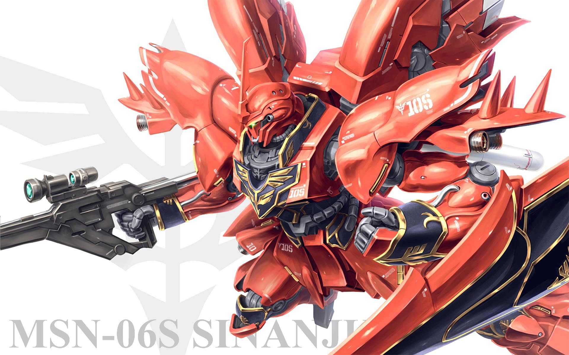 no people, indoors, mecha, violence, rifle, machine gun, weapon, communication, land vehicle, still life, robot, msn-06s sinanju, sport, warning sign, security, HD Wallpaper