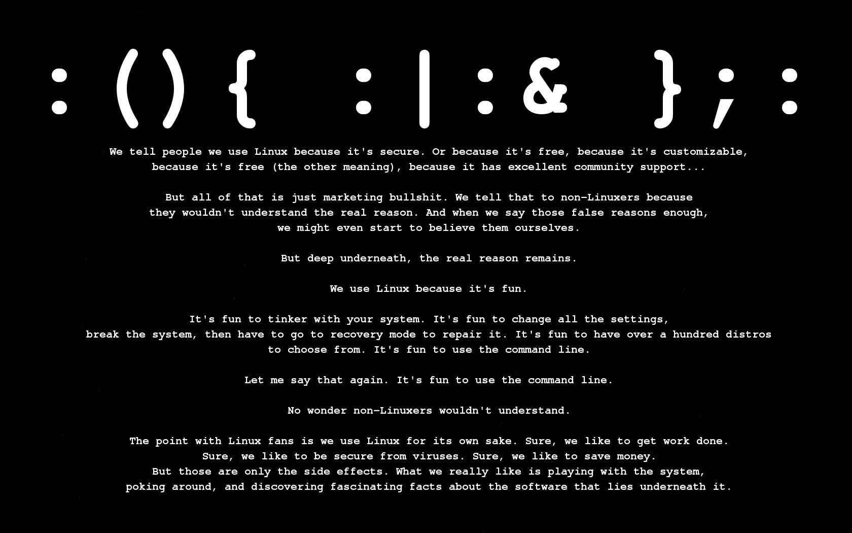 forkbomb, quote, command lines, Linux, 720P, HD Wallpaper