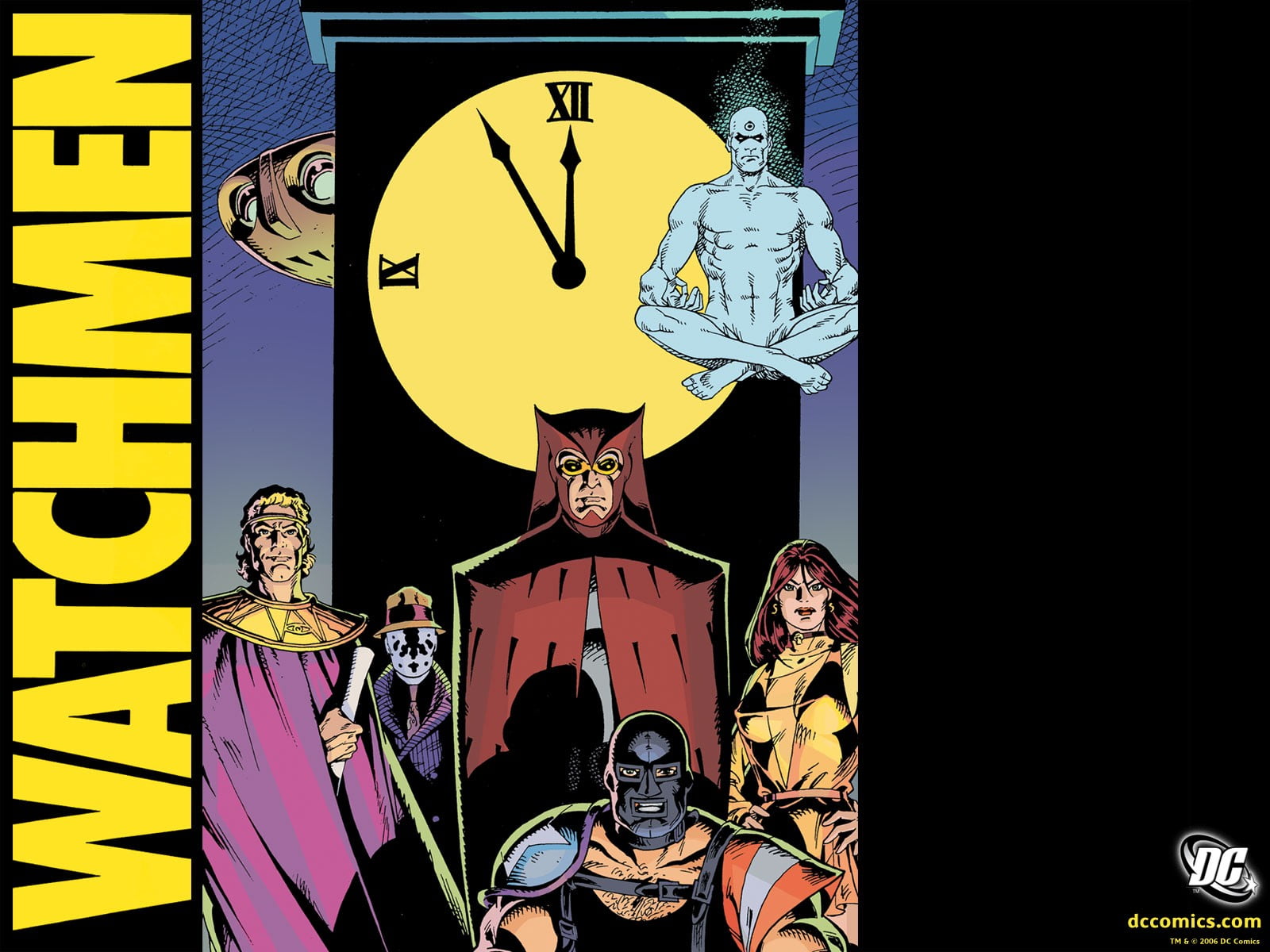 Watchmen, mural, case, clocks, Dr. Manhattan, architecture, DC Comics, building exterior, night, art and craft, Nite Owl, no people, outdoors, The Comedian, HD Wallpaper
