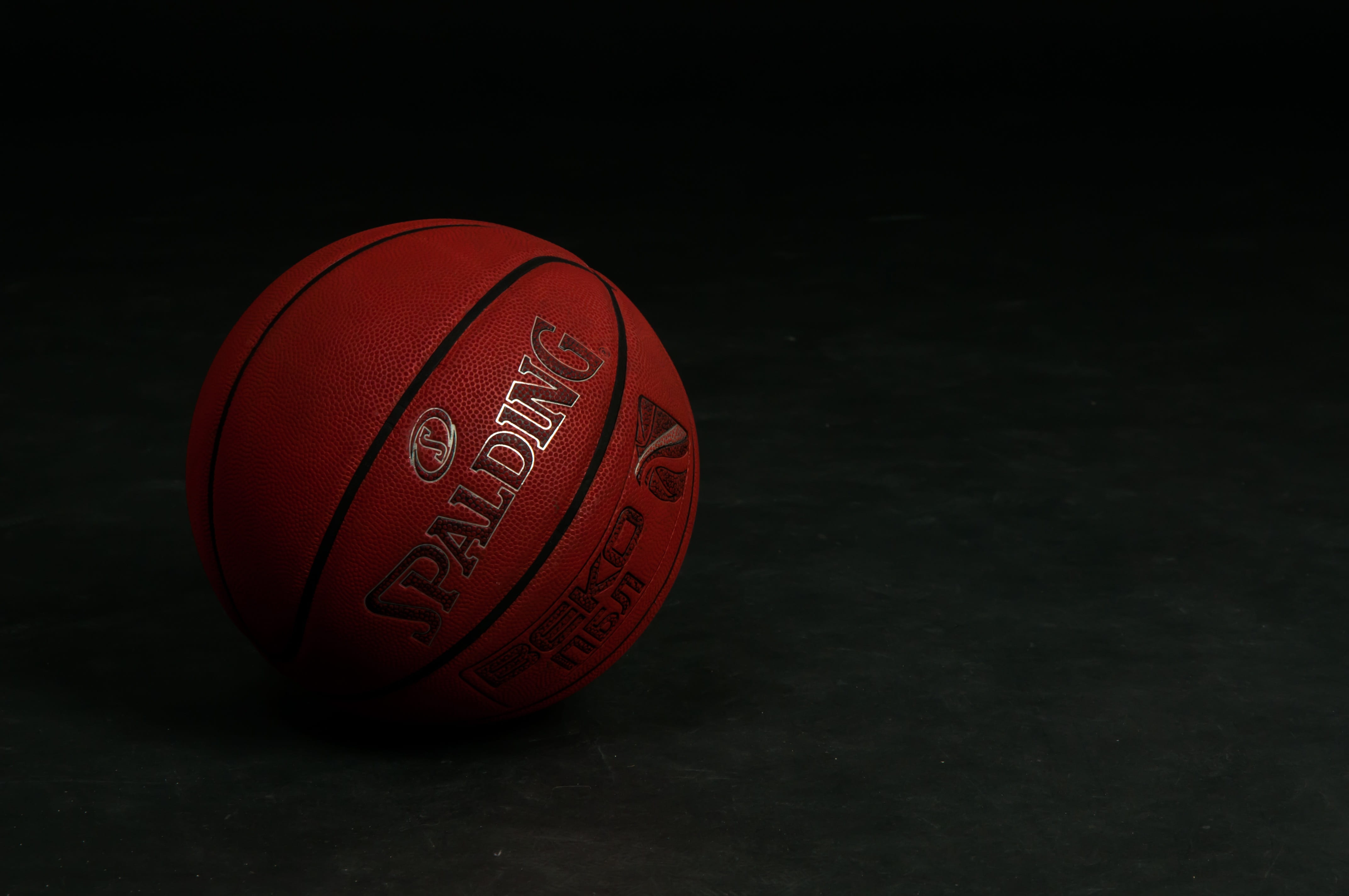 copy space, still life, no one, 4K, red, sport, dark, black background, single object, inventory, studio shot, ball, circle, spalding, sports, competition, HD Wallpaper