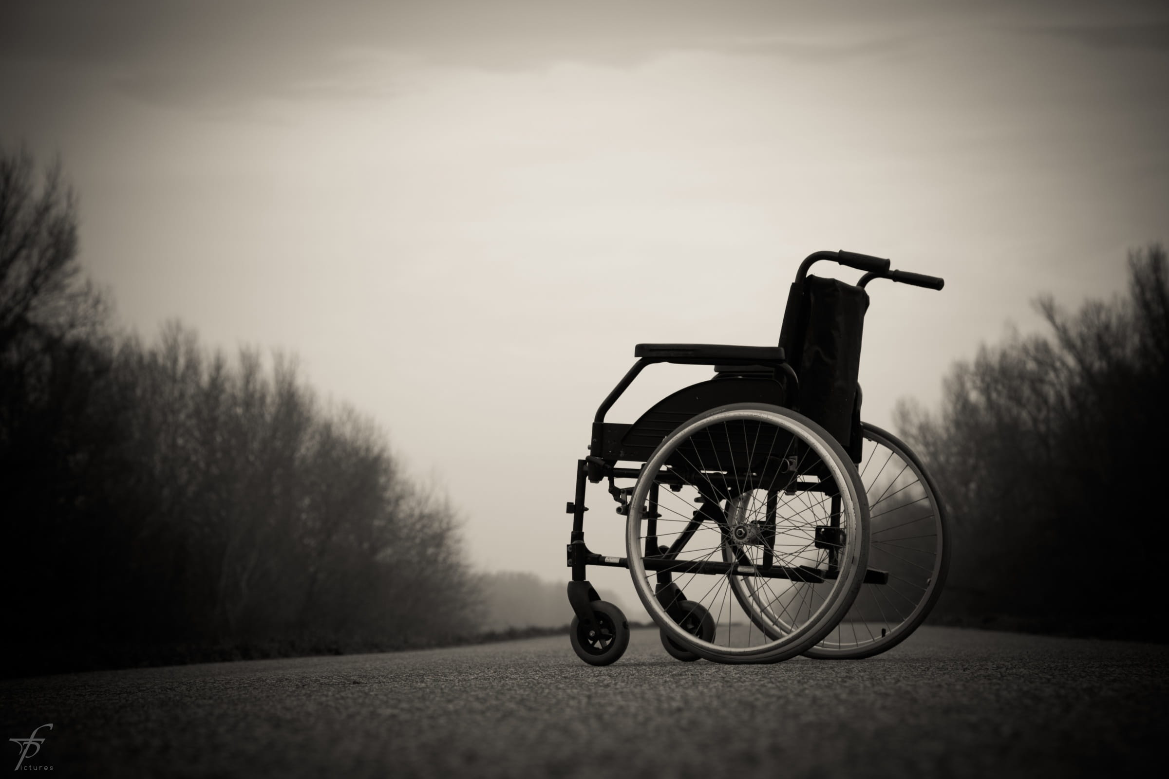 road, wheel, conquering adversity, chair, fog, tree, sky, silhouette, care, wheel chair, photography, 1080P, differing abilities, absence, physical impairment, HD Wallpaper