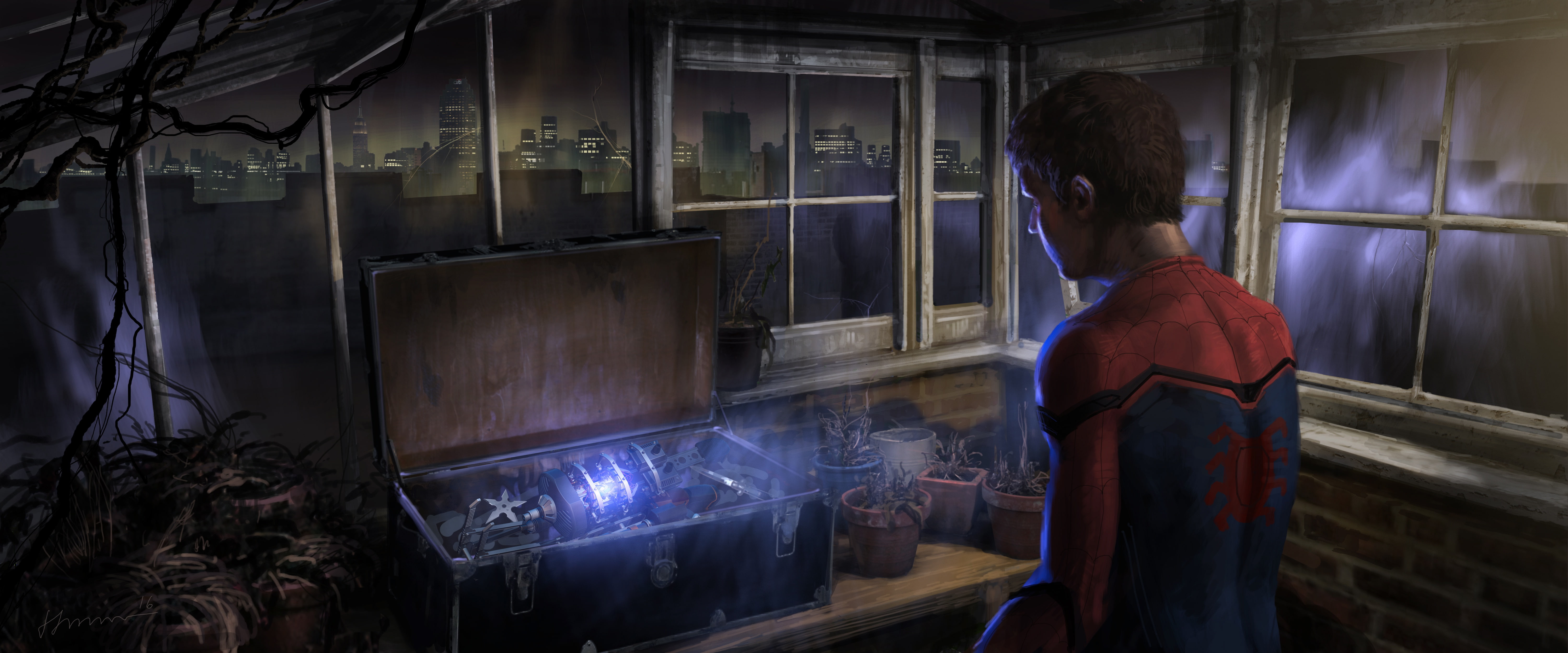 Spider - man, Spider-Man, 5K, pots, the building, lights, comic, Spider-Man: Homecoming, night, MARVEL, Peter Parker, costume, plants, Windows, the city, HD Wallpaper