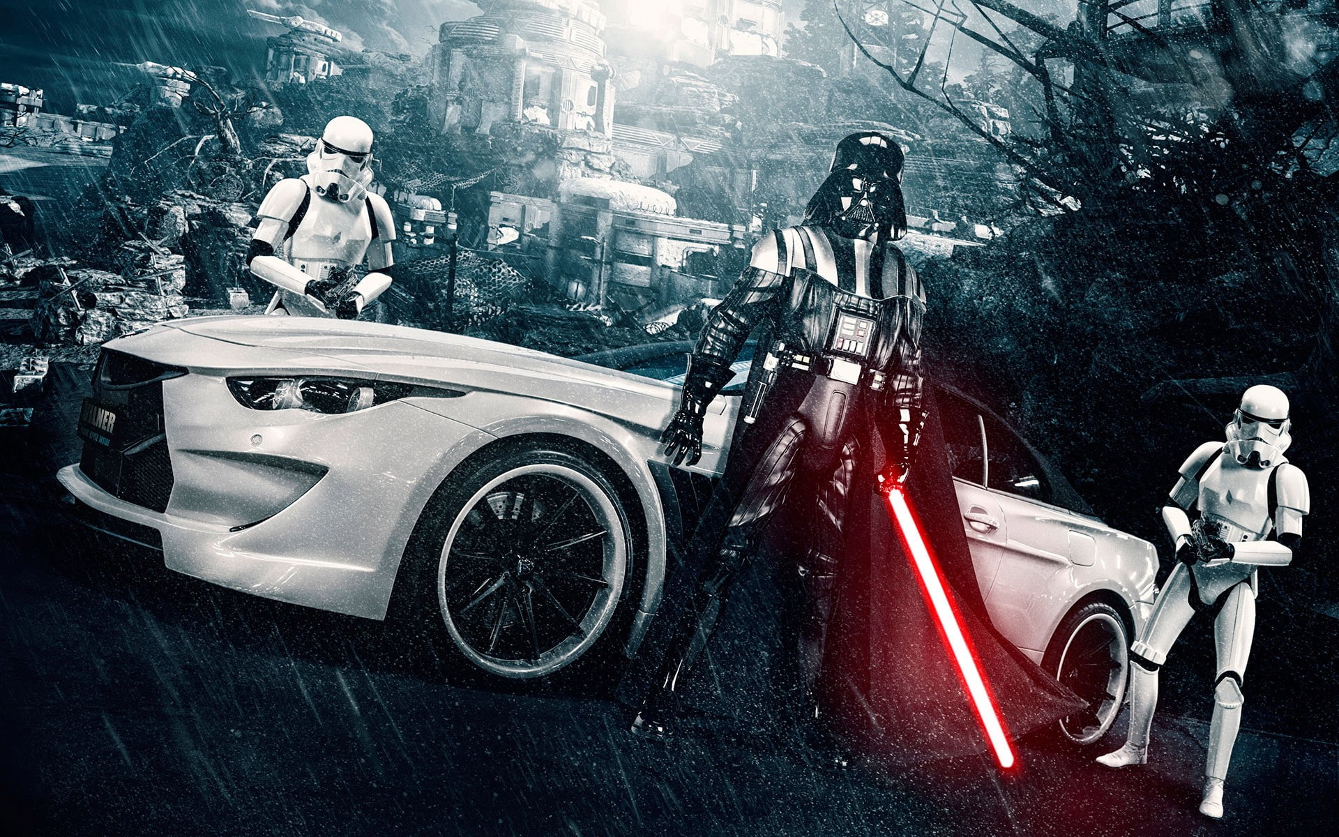 1080P, Darth Vader, car, Star Wars, BMW, blaster, lightsaber, HD Wallpaper