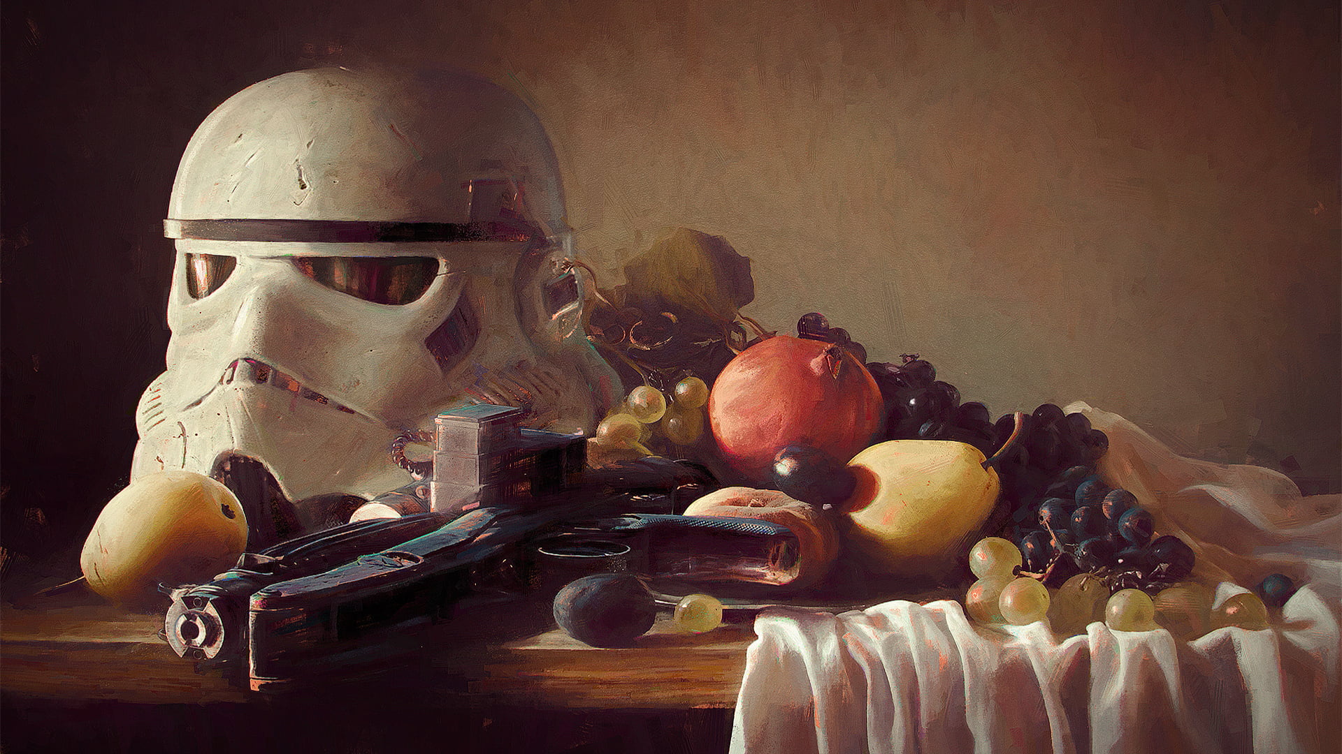 stormtrooper, artwork, still life, fruit, digital art, blaster, Star Wars, 1080P, HD Wallpaper